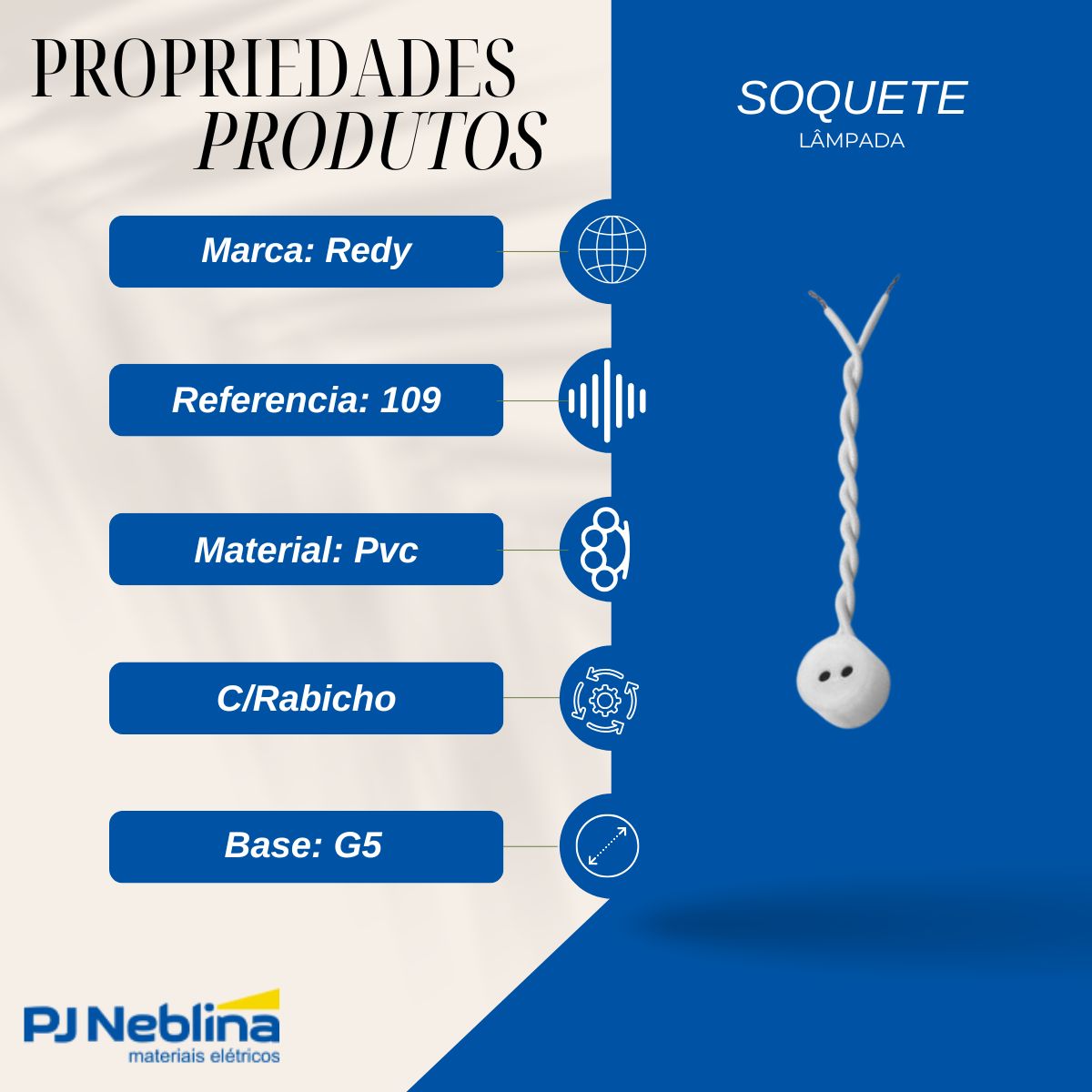 Soquete Lâmpada Pvc C/Rabicho G5 - Redy