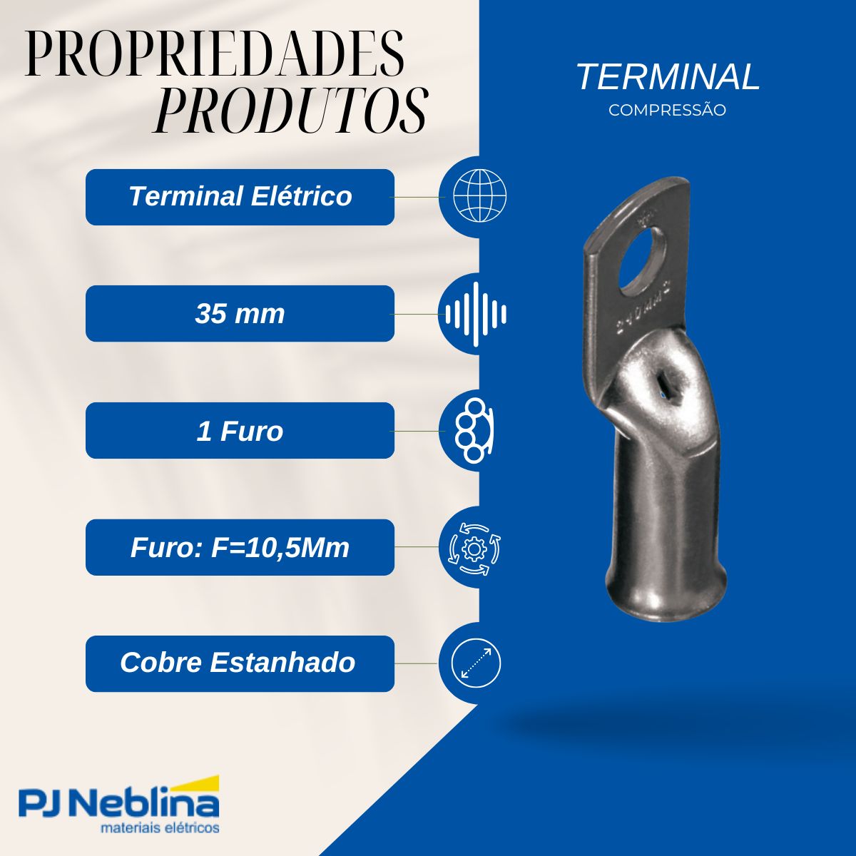Terminal Compressao Boca Expandida 35mm 2 Compr 1 Furo F=10,
