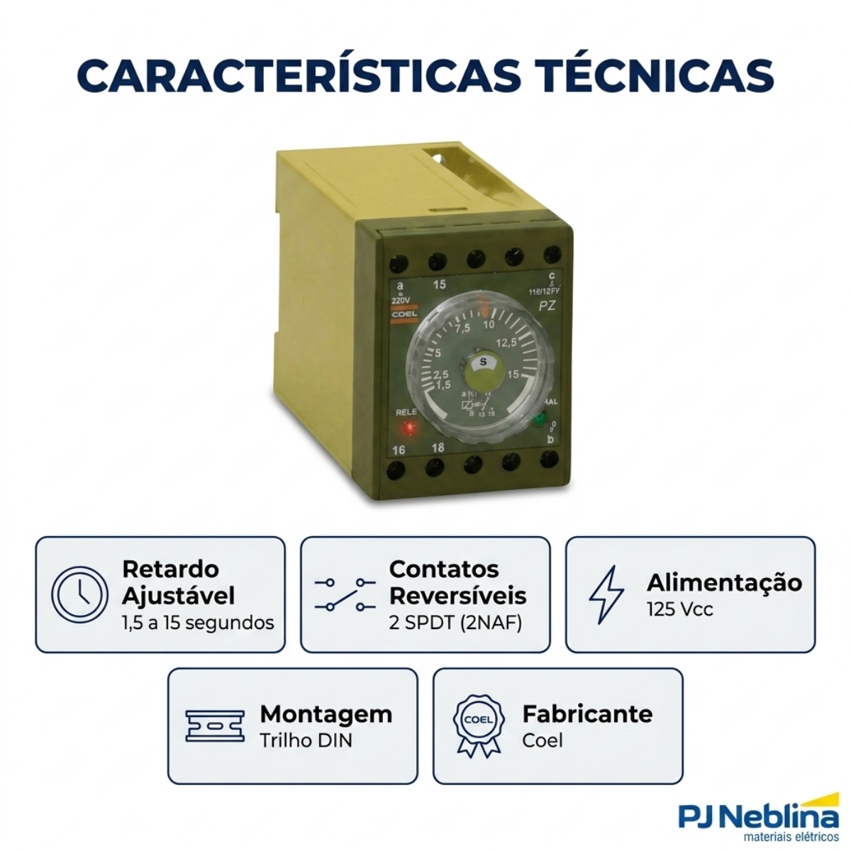 Rele Temporizador Eletrônico Retardo Energização 1,5-15Seg 2 Spdt (2Naf) 125Vcc 11346033 Coel