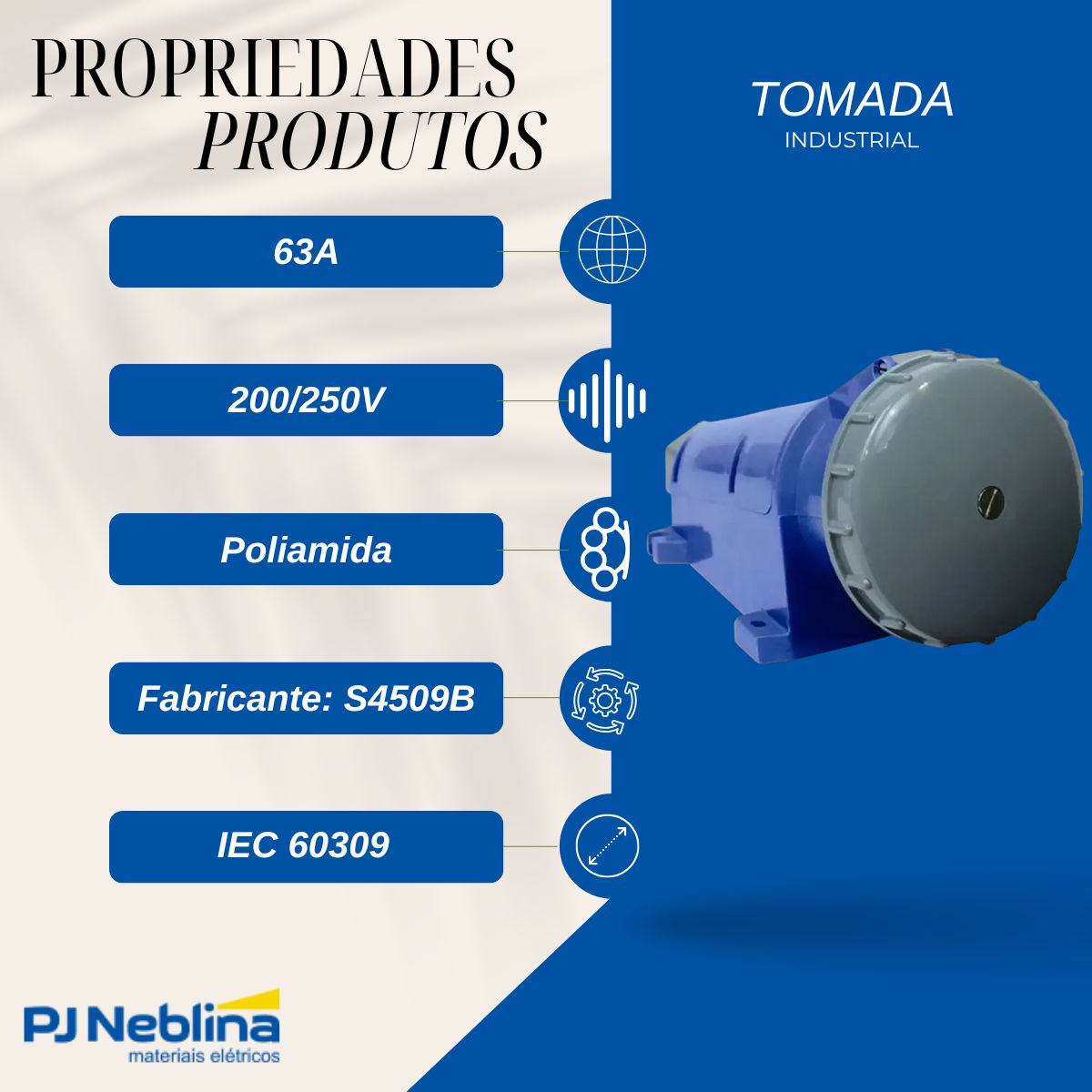 Tomada Industrial Femea Sobrepor Bloqueio Mecanico 3p+t 63a
