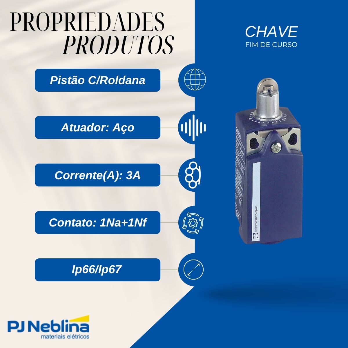 Chave Fim De Curso Pistão C/Roldana 3A 1Na+1Nf Ip66/Ip67 - Telemecanique