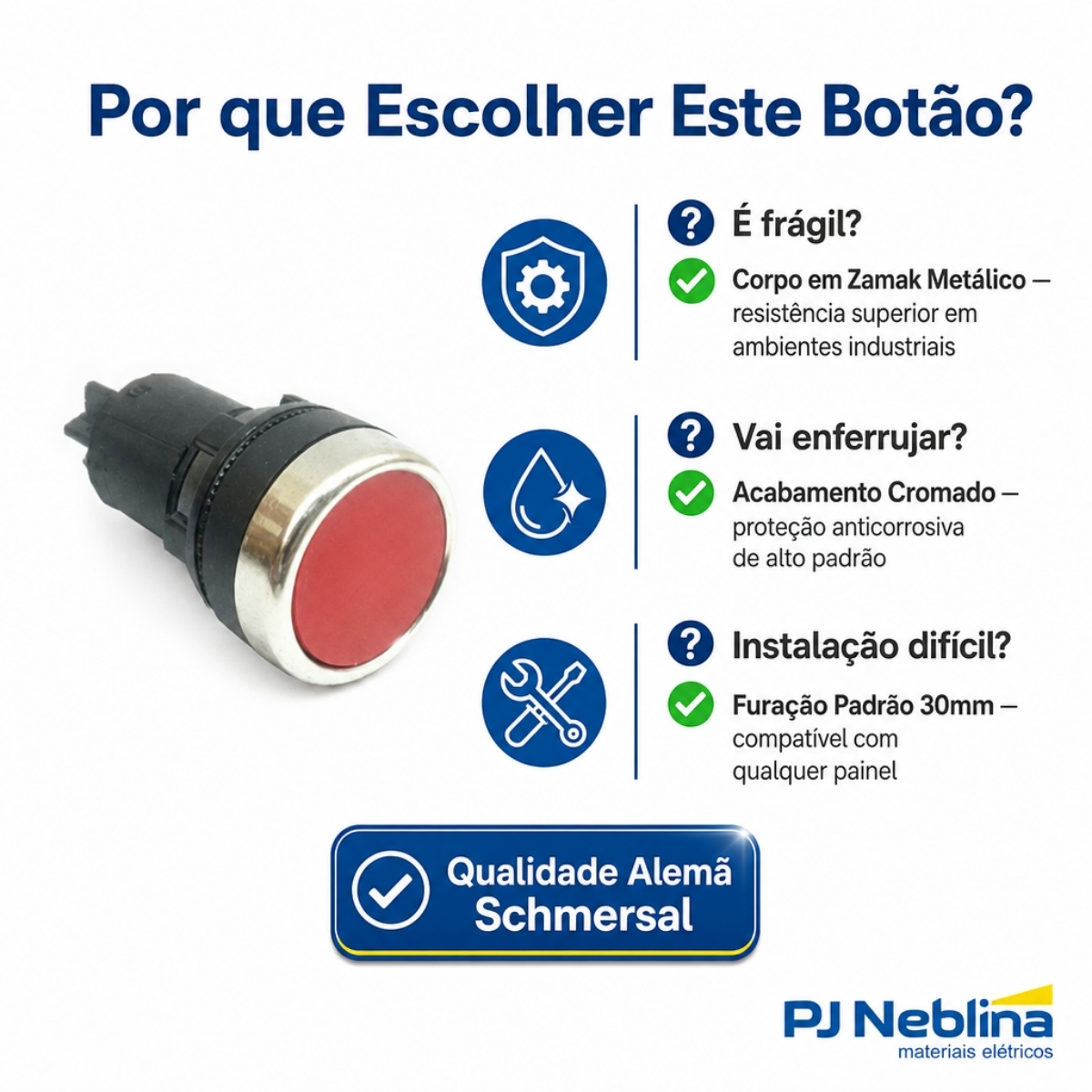 Botão Comando Pulsador Faceado Redondo 30Mm Metálico Vermelho - Ace Schmersal