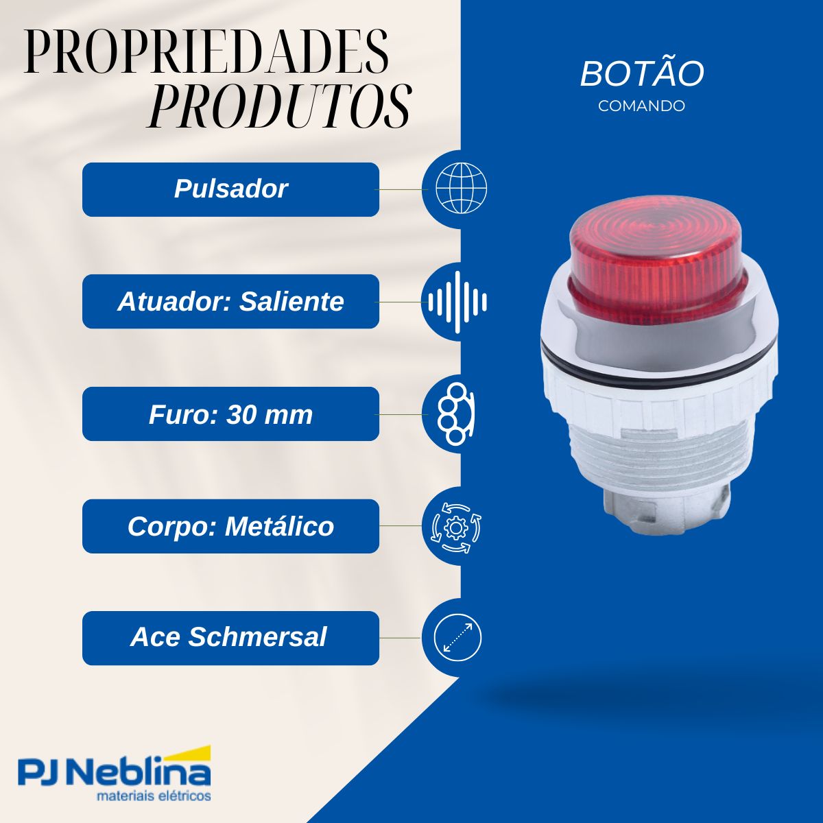 Botão Comando Pulsador Saliente Iluminado Redondo 30 mm Metálico Vermelho - Ace Schmersal