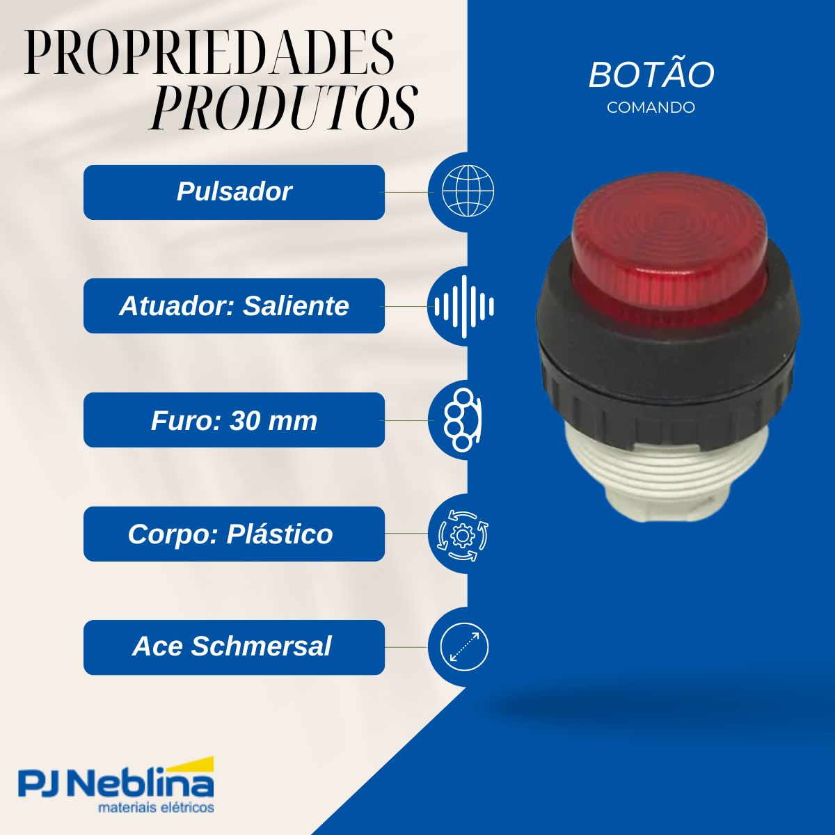 Botão Comando Pulsador Saliente Iluminado Redondo 30 mm Plástico Vermelho - Ace Schmersal