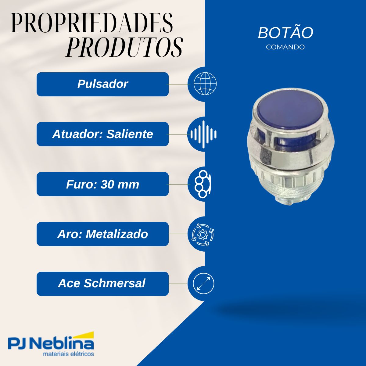 Botão Comando Pulsador Saliente Iluminado Redondo 30 mm Metálico Azul - Ace Schmersal