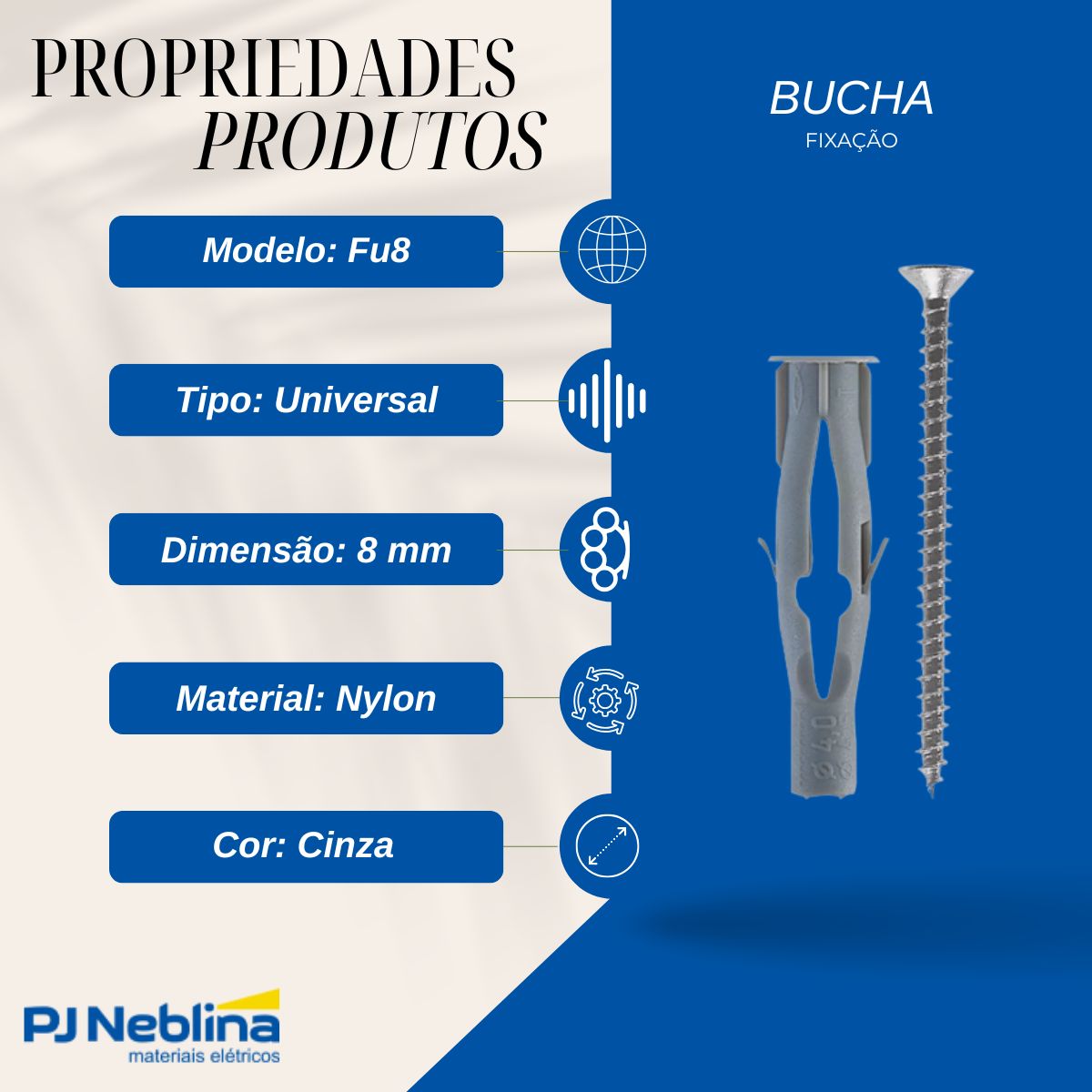 Bucha Fixação Universal Fu8 8Mm Nylon Cz C/Parafuso - Fischer