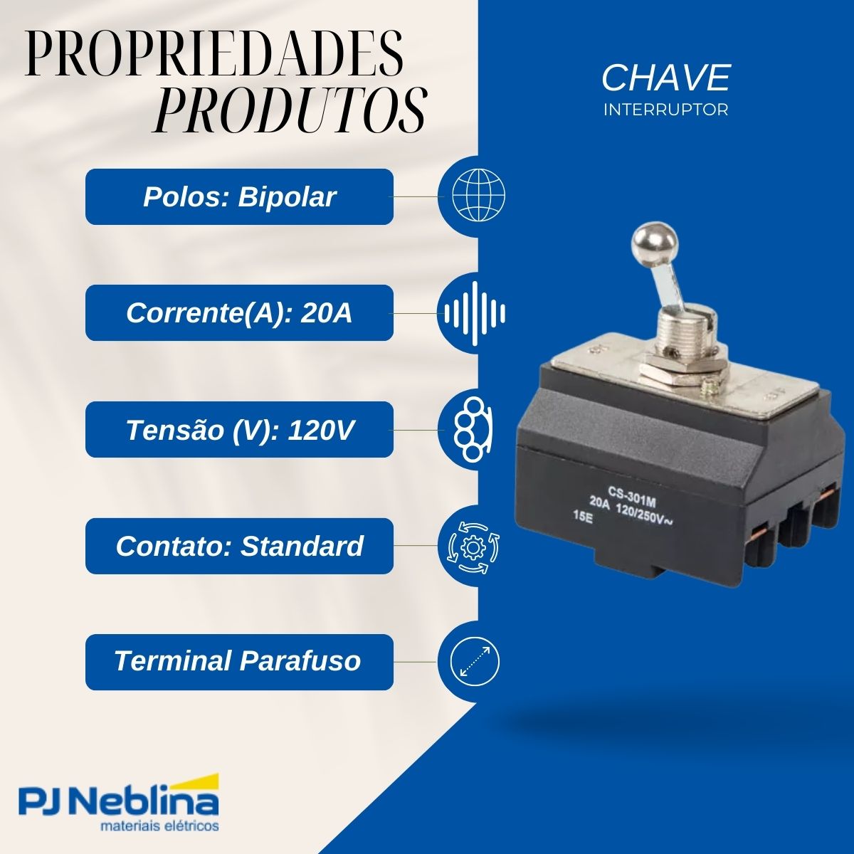 Chave Interruptor Alavanca Metálica Bipolar Liga/Desliga 20A 120V Cromada Standard Terminal Parafuso - Margirius