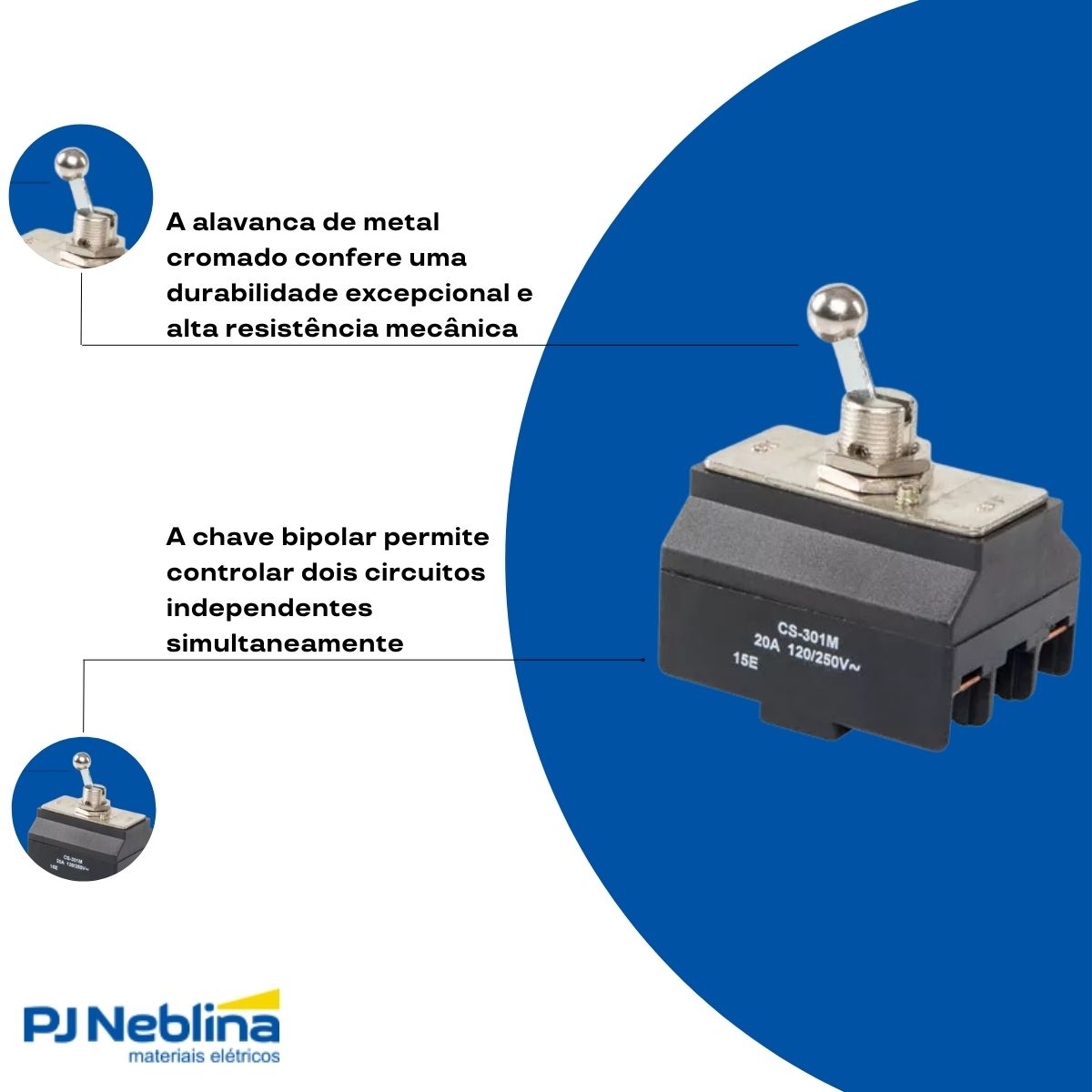 Chave Interruptor Alavanca Metálica Bipolar Liga/Desliga 20A 120V Cromada Standard Terminal Parafuso - Margirius