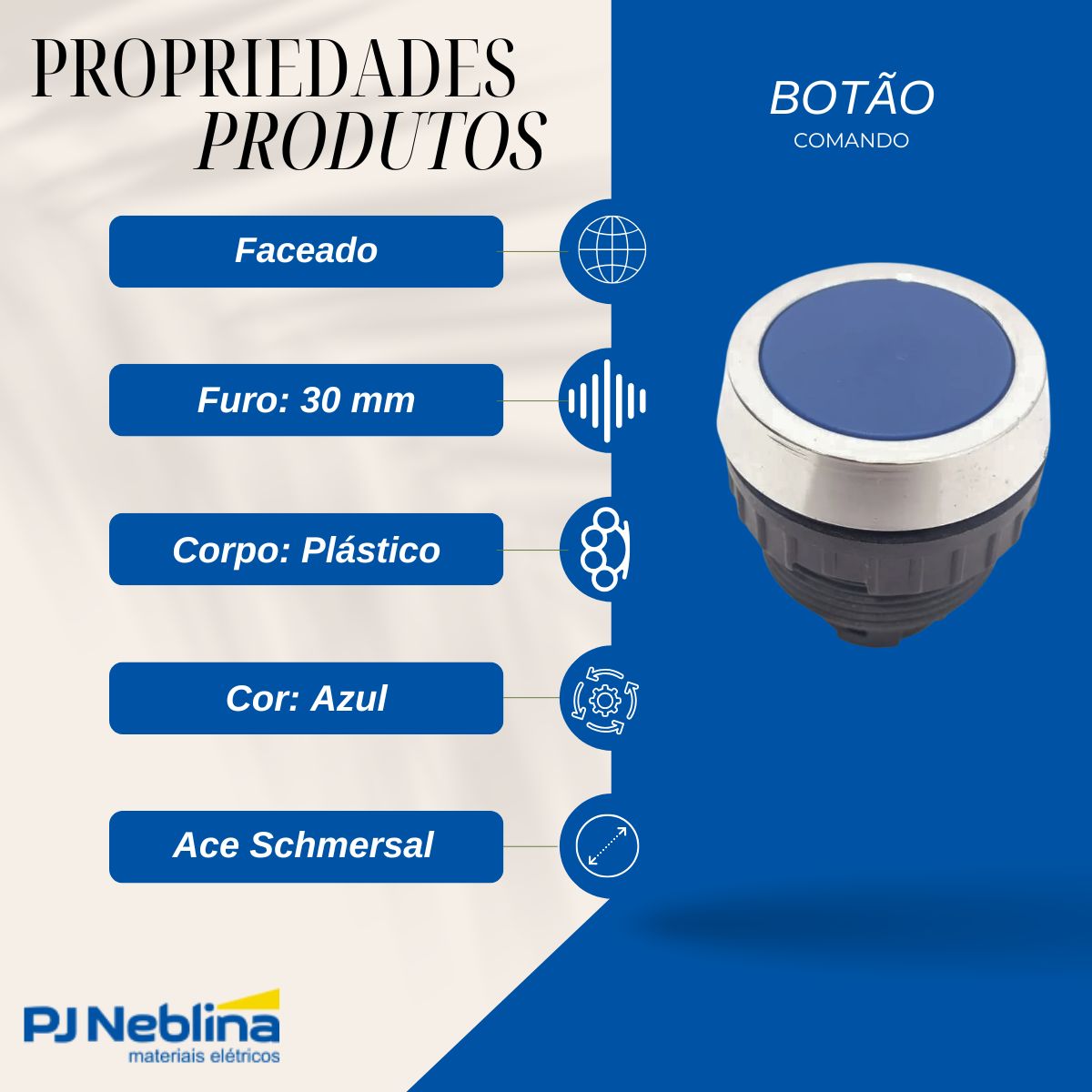 Botão Comando Pulsador Faceado Redondo 30Mm Plástico Azul - Ace Schmersal