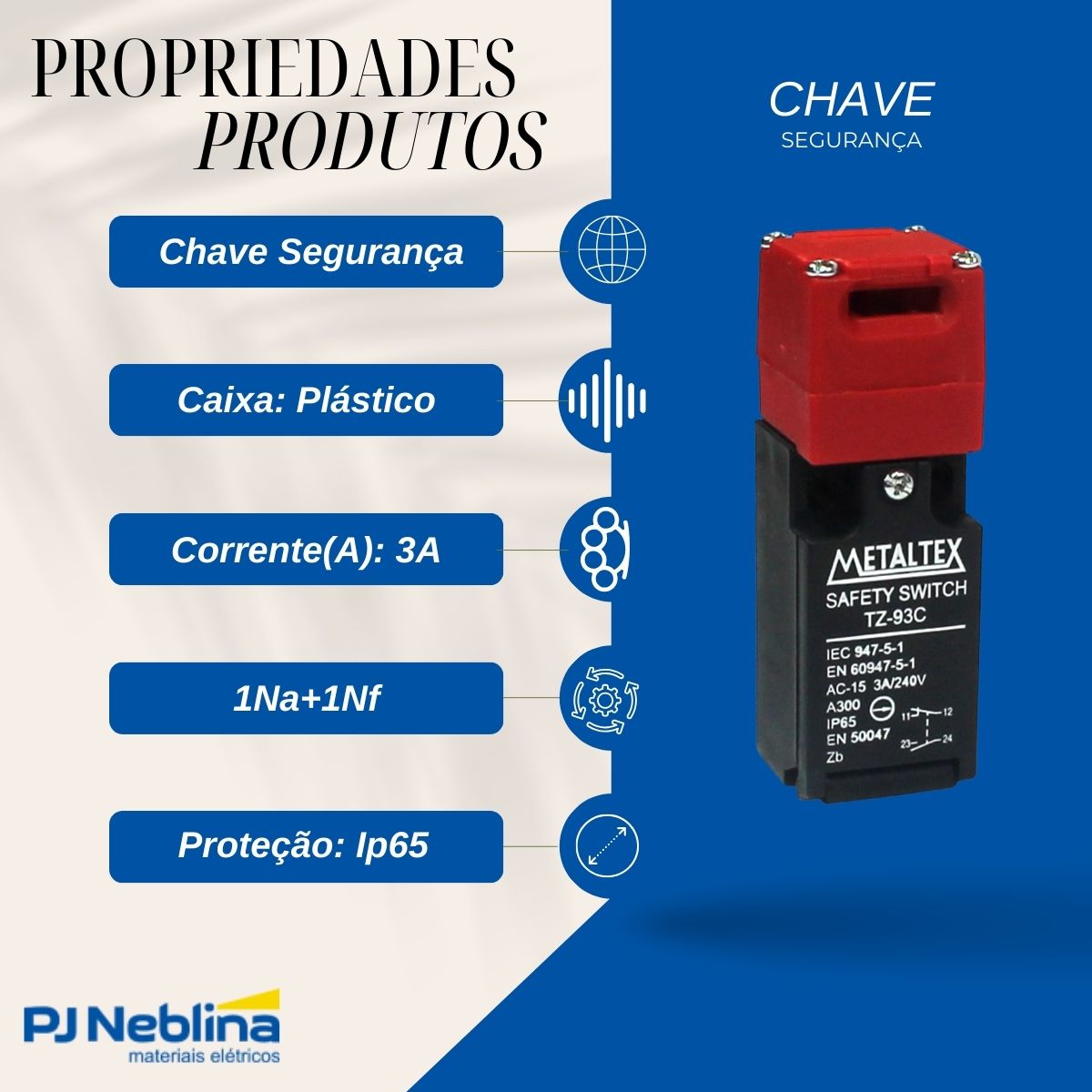 Chave Segurança Fim De Curso Plástico 3A 1Na+1Nf Ip65 - Metaltex