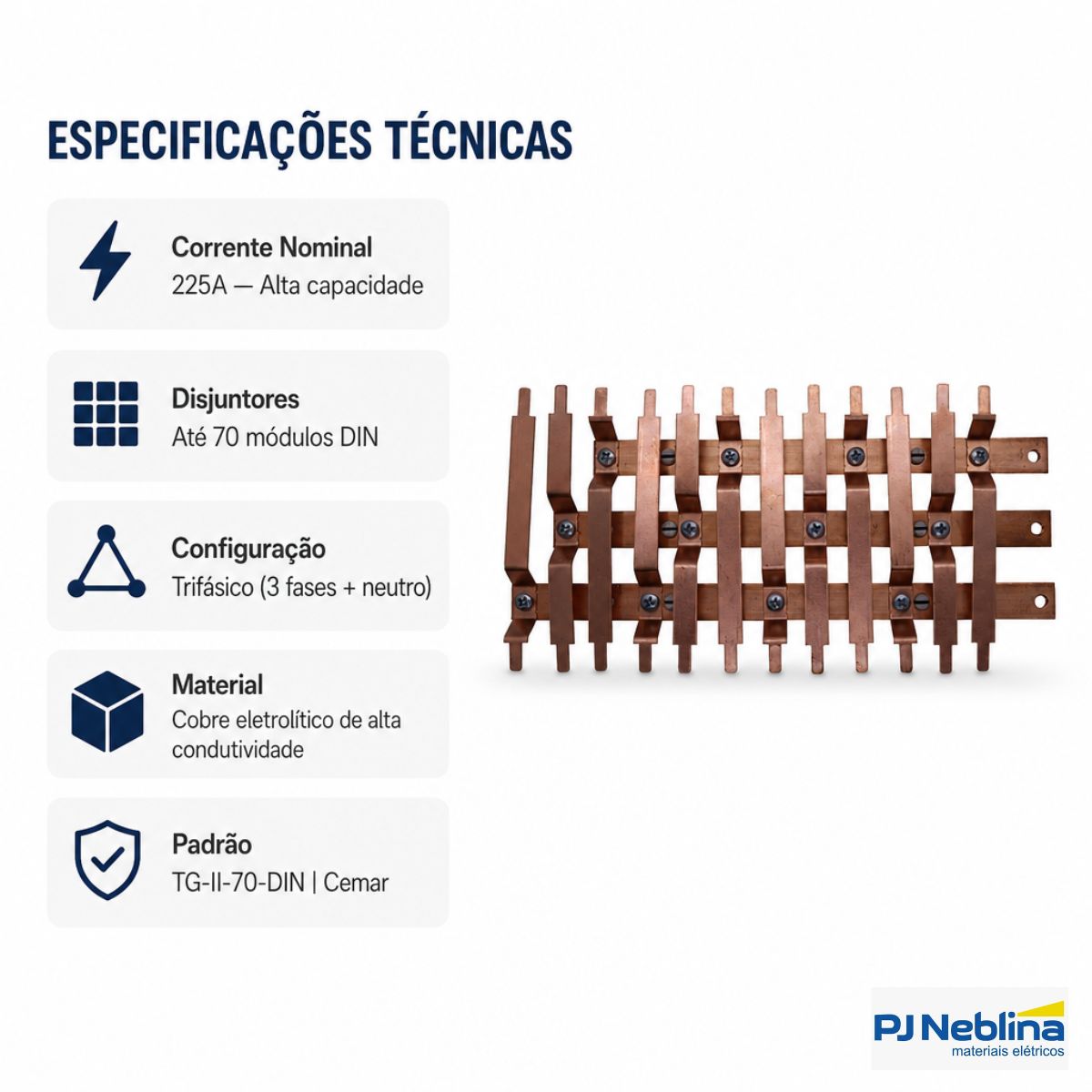Kit Barramento Trifásico P/70 Disjuntor 225a Sem Placa Montada Tg-ii-70-din Cemar
