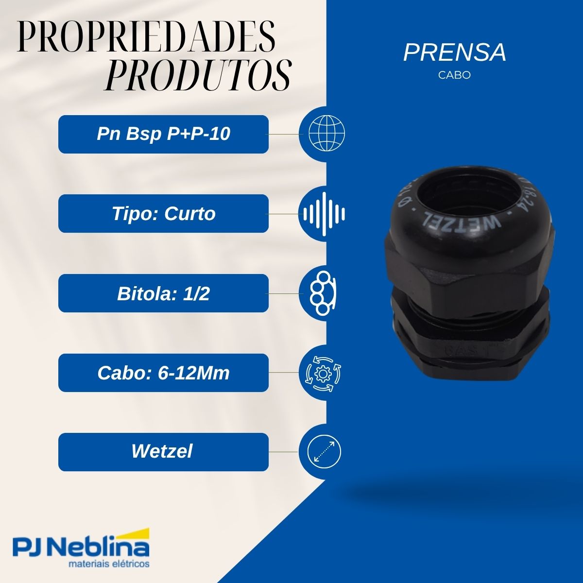 Prensa Cabo Curto 1/2 6-12Mm Bsp Nylon Preto Ip68 - Wetzel