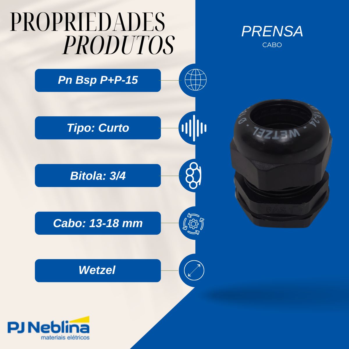 Prensa Cabo Curto 3/4 13-18 mm Bsp Nylon Pt Ip68 - Wetzel