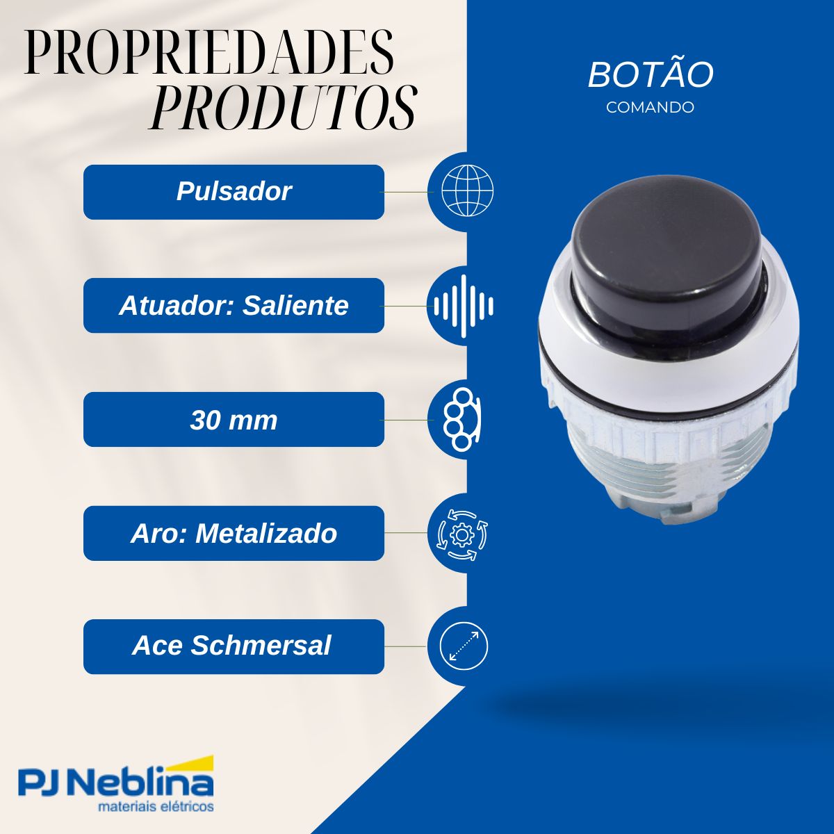 Botão Comando Pulsador Saliente Redondo 30 mm Metálico Preto - Ace Schmersal