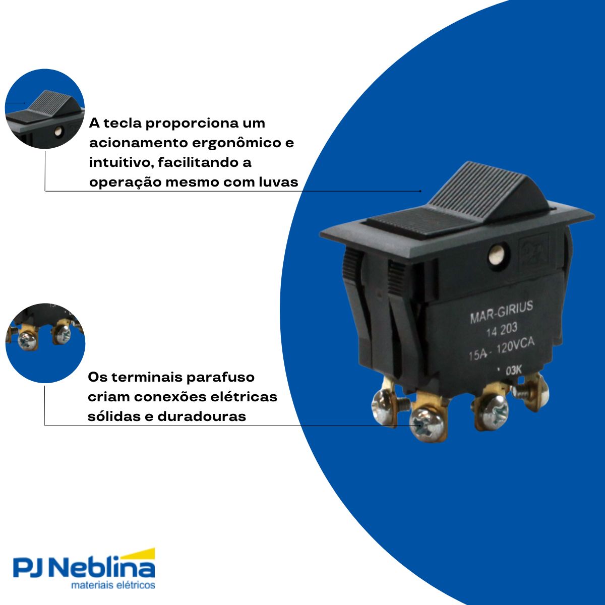Chave Interruptor Tecla Poliamida Bipolar Liga/Desliga/Liga 15/10A 120/250V Pt Standard Terminal Parafuso - Margirius