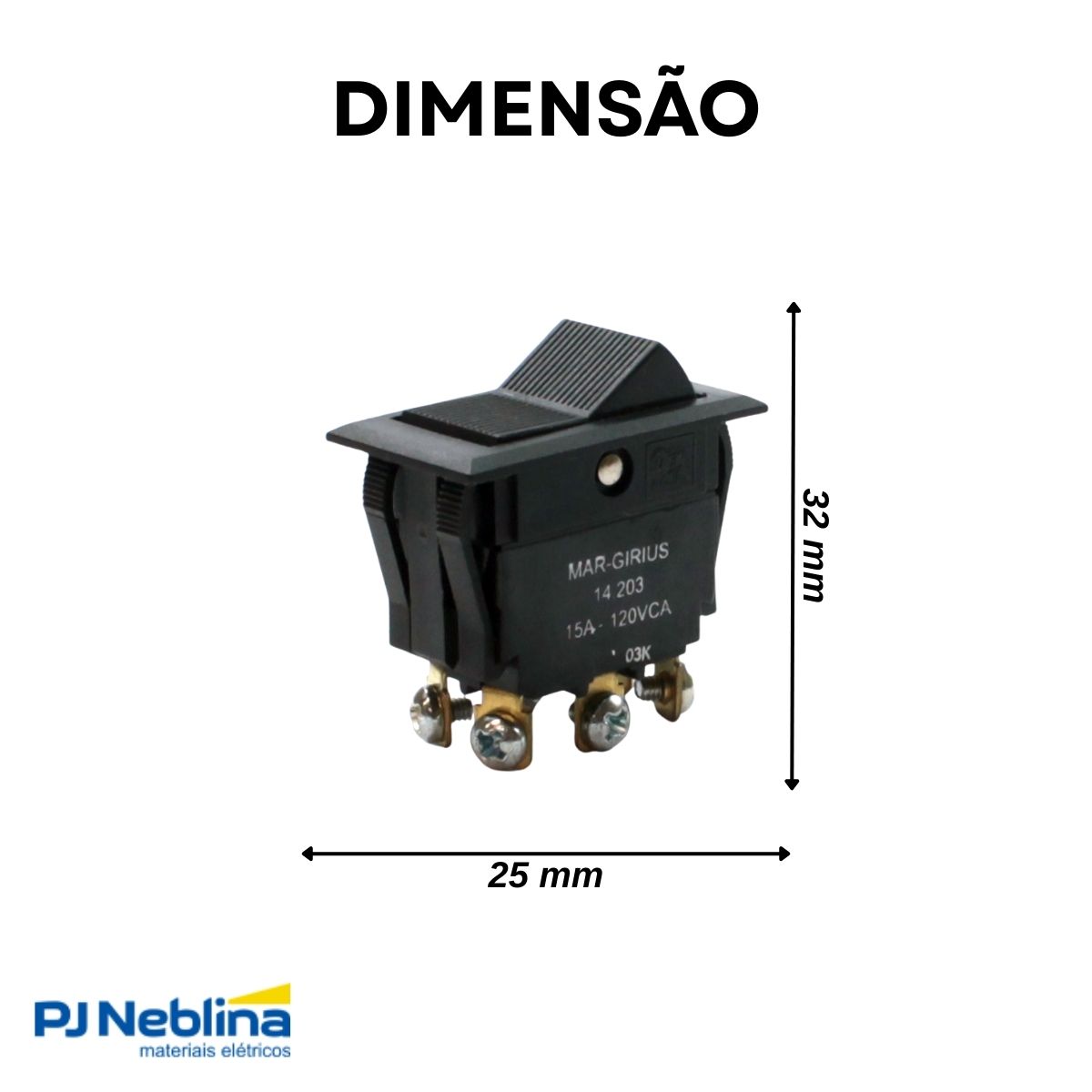 Chave Interruptor Tecla Poliamida Bipolar Liga/Desliga/Liga 15/10A 120/250V Pt Standard Terminal Parafuso - Margirius