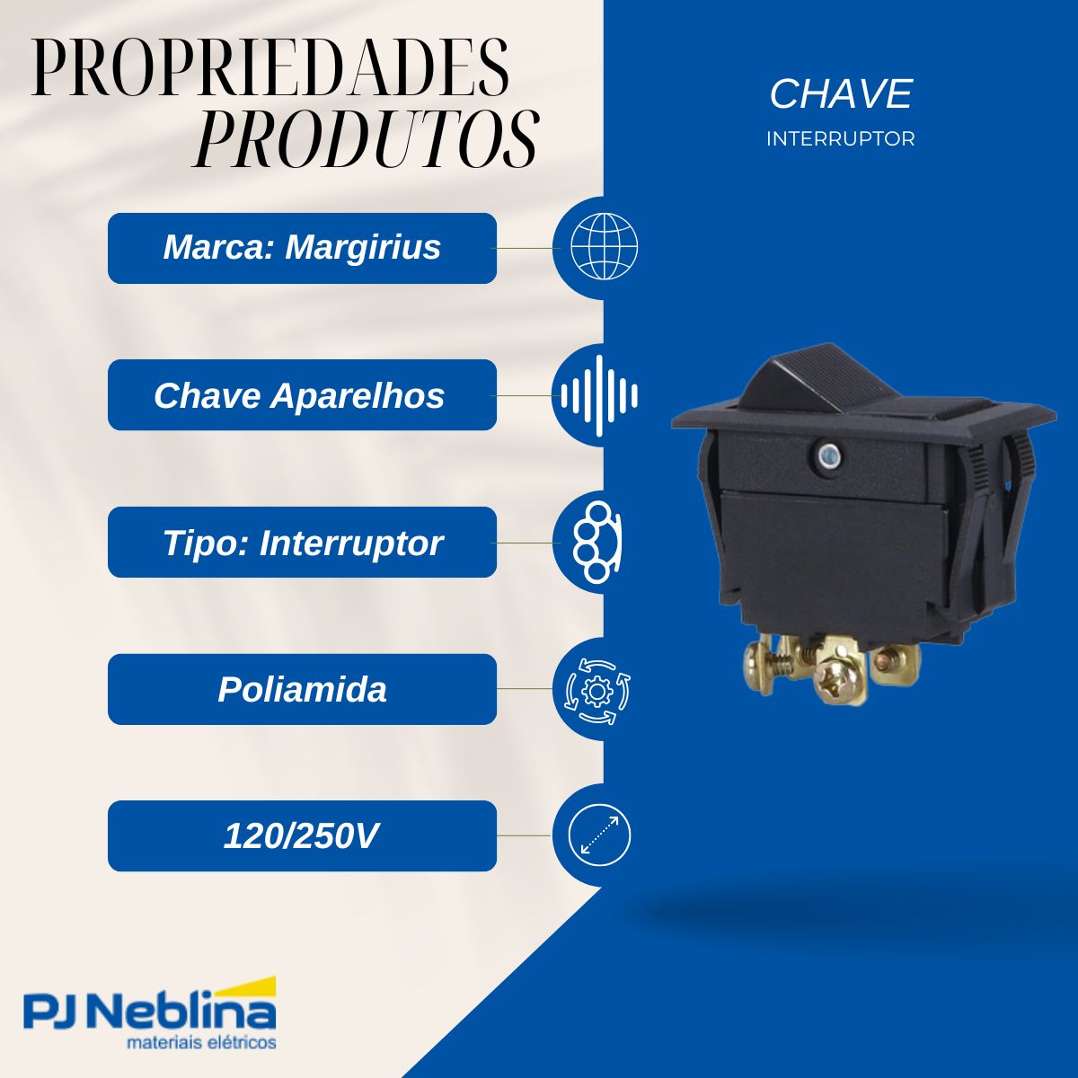 Chave Interruptor Tecla Poliamida Bipolar Liga/Desliga 15/10A 120/250V Preto Standard Terminal Parafuso - Margirius