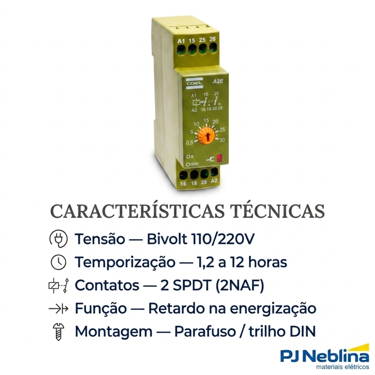 Rele Temporizador Eletrônico Retardo Energização 1,2-12H 2 Spdt 2Naf 110/220V 11307013 Coel