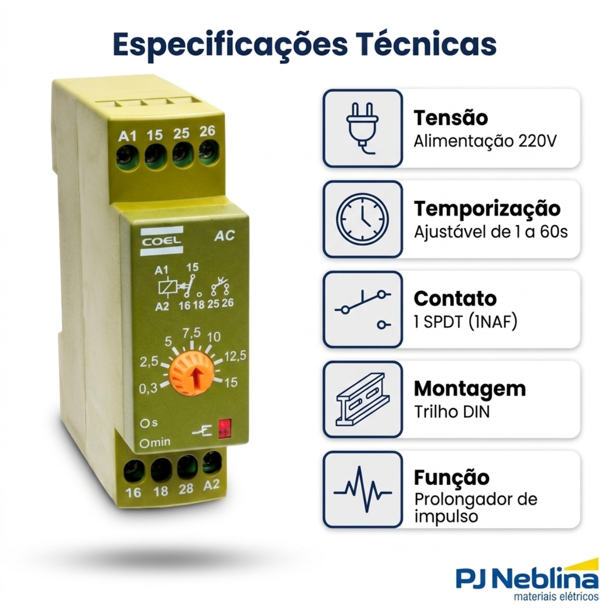 Rele Temporizador Eletrônico Prolongador Impulso 1-60Seg 1 Spdt (1Naf) 220V - Coel