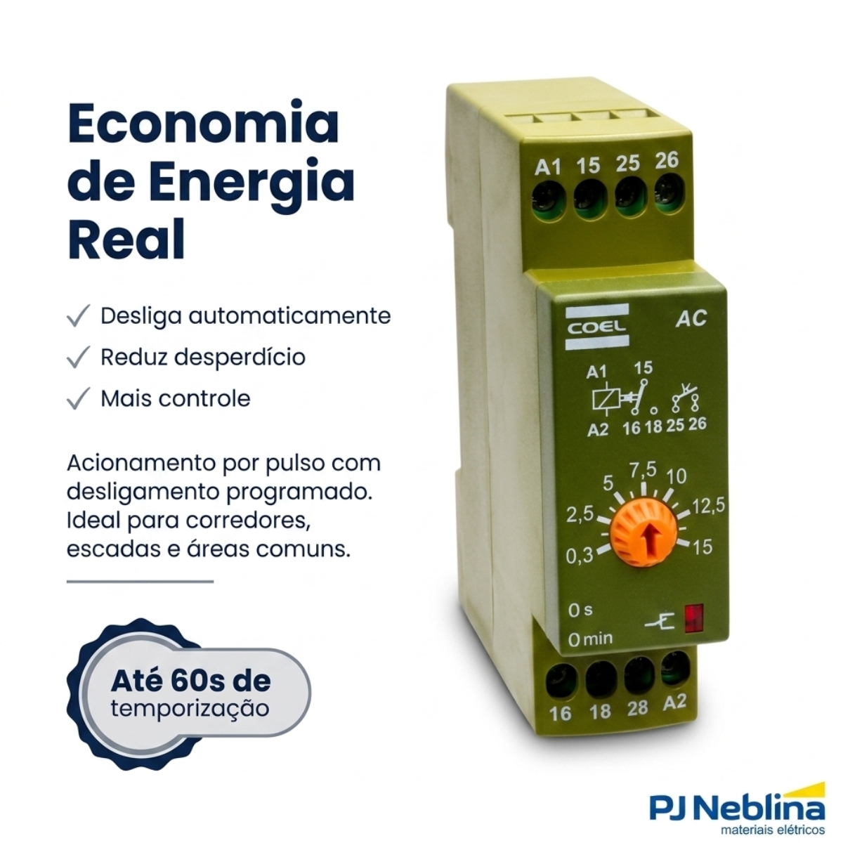 Rele Temporizador Eletrônico Prolongador Impulso 1-60Seg 1 Spdt (1Naf) 220V - Coel