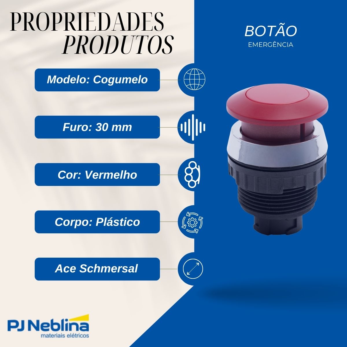 Botão Emergência Cogumelo 36 mm Pulsador 30 mm Plástico Vermelho 2Na+2Nf - Ace Schmersal