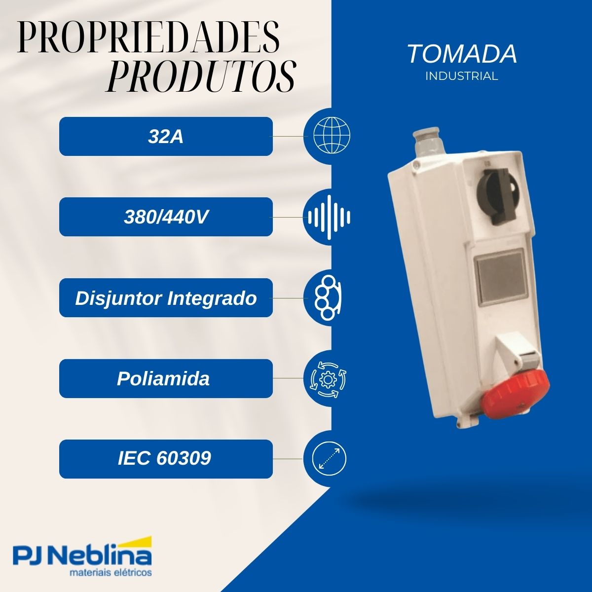 Tomada Industrial Femea Sobrepor Bloqueio Mecânico 3P+T 32A 380/440V Vm 6H C/Disjuntor Ip67 - Steck