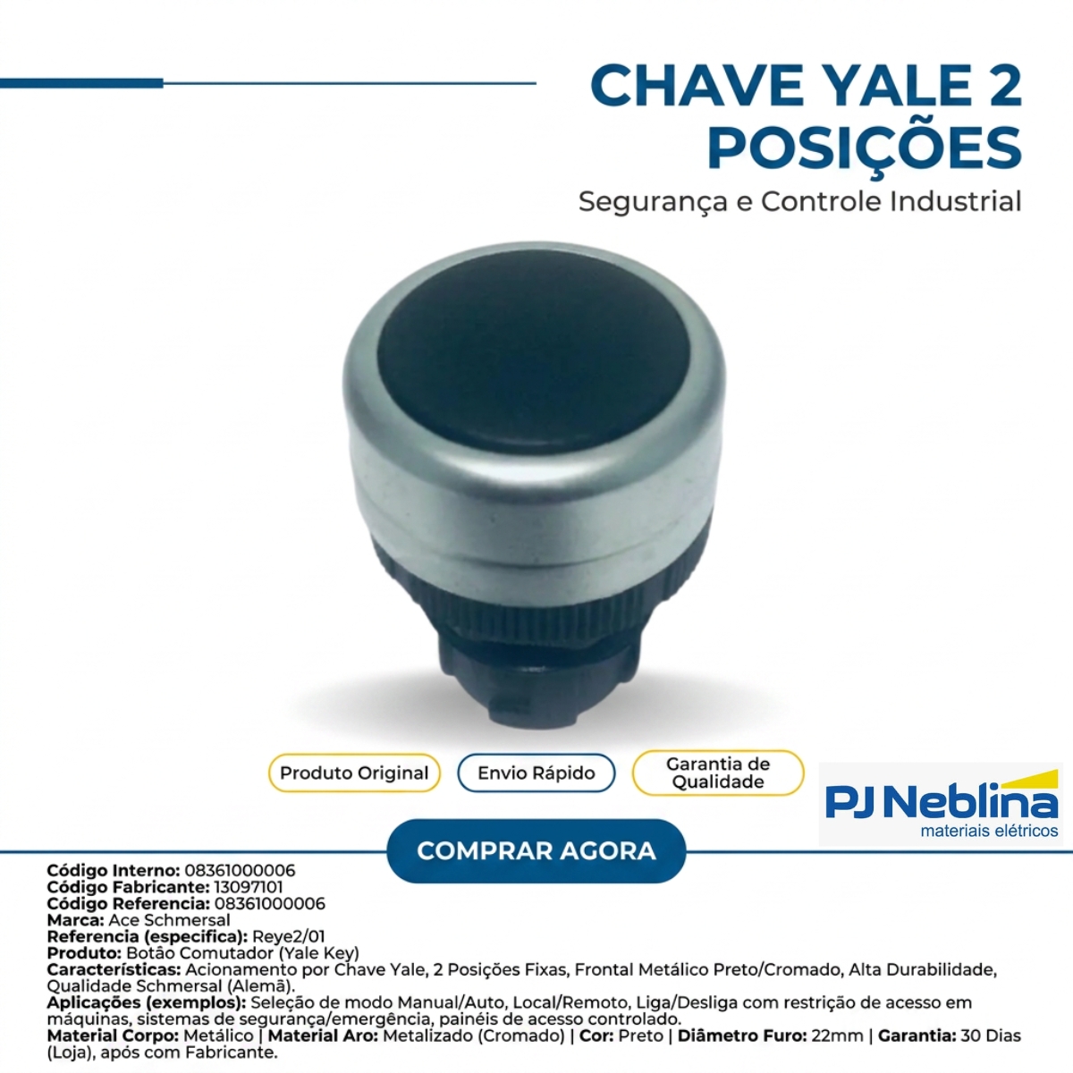 Botao Comutador Chave Yale 2 Pos Fix 22mm Metalico Pt