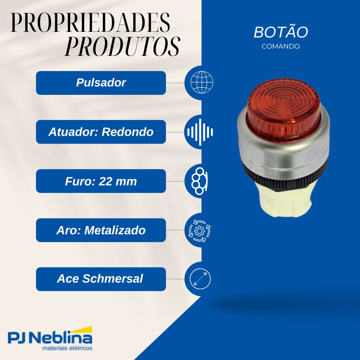 Botão Comando Pulsador Saliente Iluminado Redondo 22 mm Plástico Vermelho - Ace Schmersal