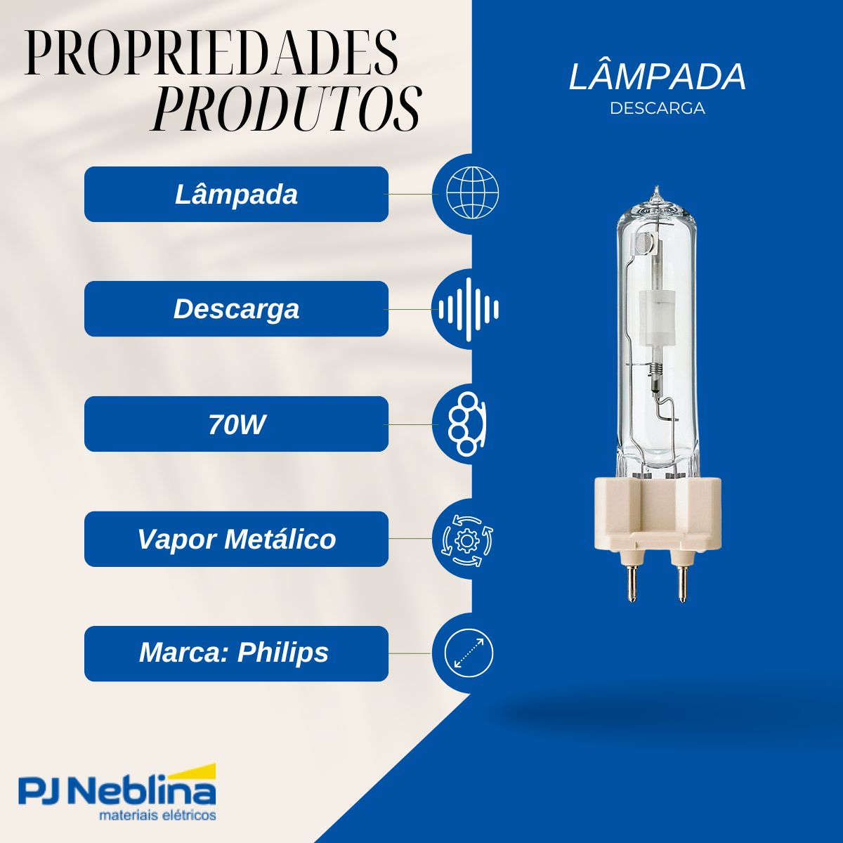 Lâmpada Vapor Metálico Tubular 70W E27 3000K Branco Quente - Philips