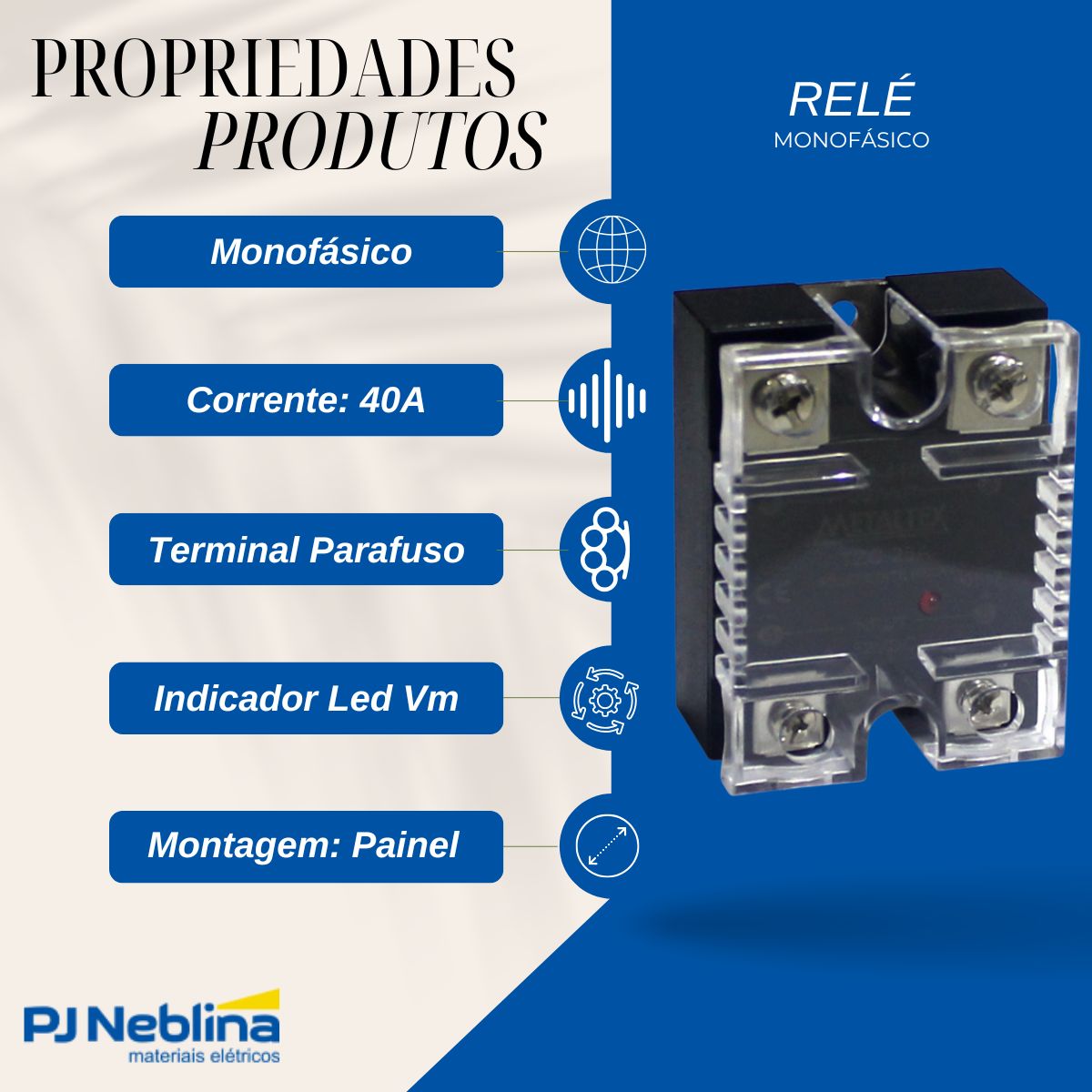 Relé Estado Sólido Monofásico Entrada 4-32Vcc Saída 48-440V 40A - Metaltex