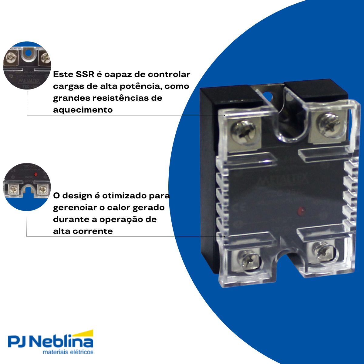 Relé Estado Sólido Monofásico Entrada 4-32Vcc Saída 48-440V 40A - Metaltex