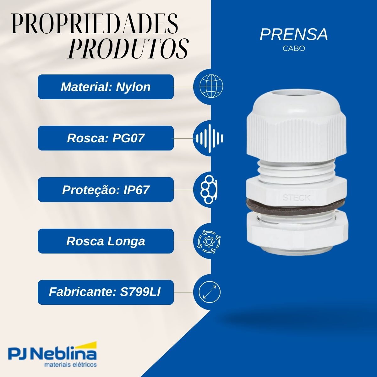 Prensa Cabo Nylon Pg07 Cz Ip67 Longa - Steck