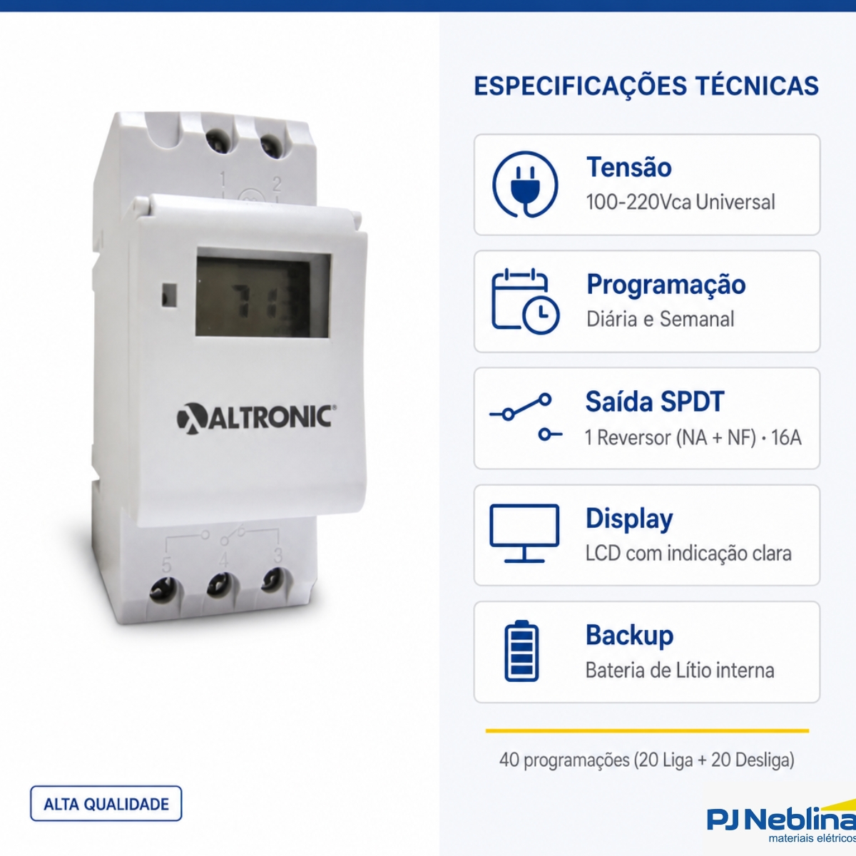 Rele Temporizador Digital Programador Diária E Semanal 1 Reversor (Spdt) 100-220V Display Lcd - Altronic