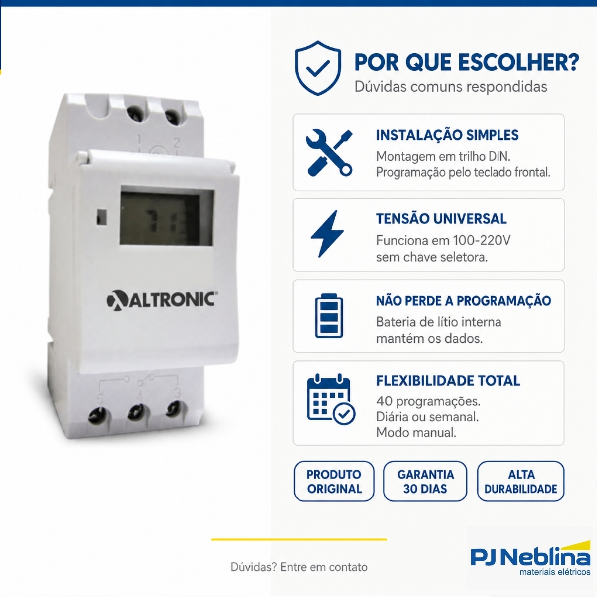 Rele Temporizador Digital Programador Diária E Semanal 1 Reversor (Spdt) 100-220V Display Lcd - Altronic