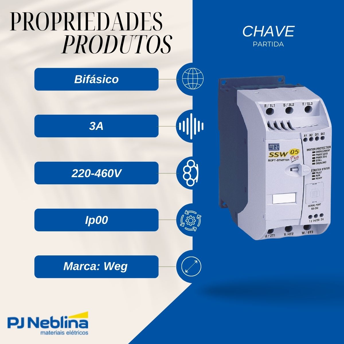 Chave Partida Softstarter Bifásico 3A 220-460V 1,1Kw Ip00 - Weg