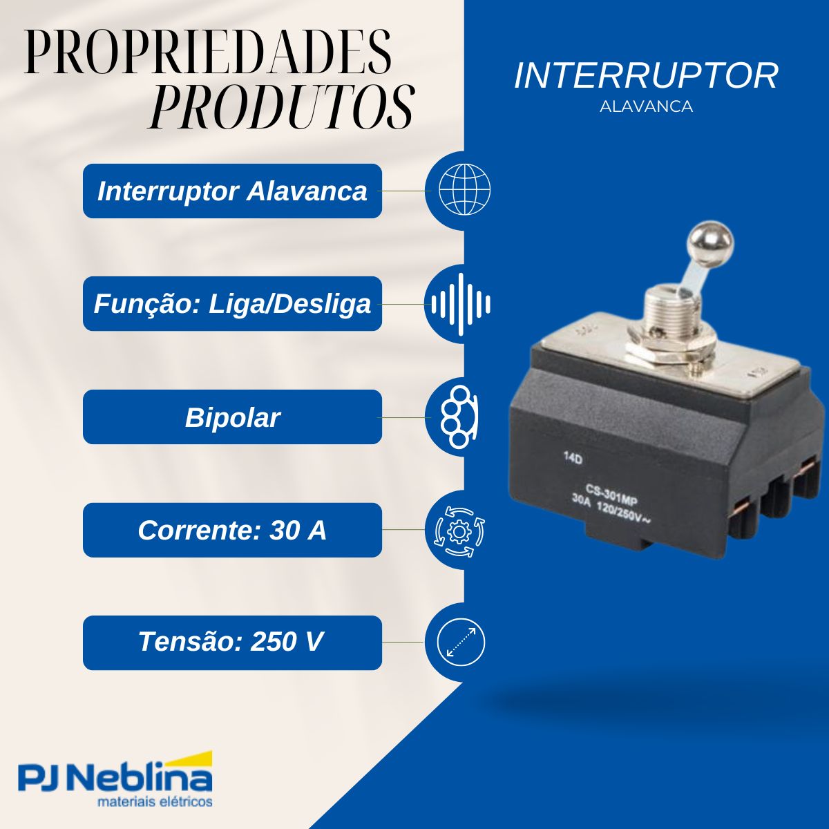 Interruptor Alavanca S/Caixa S/Tampa 30A 250Vca 2P Cpd-30 - Margirius