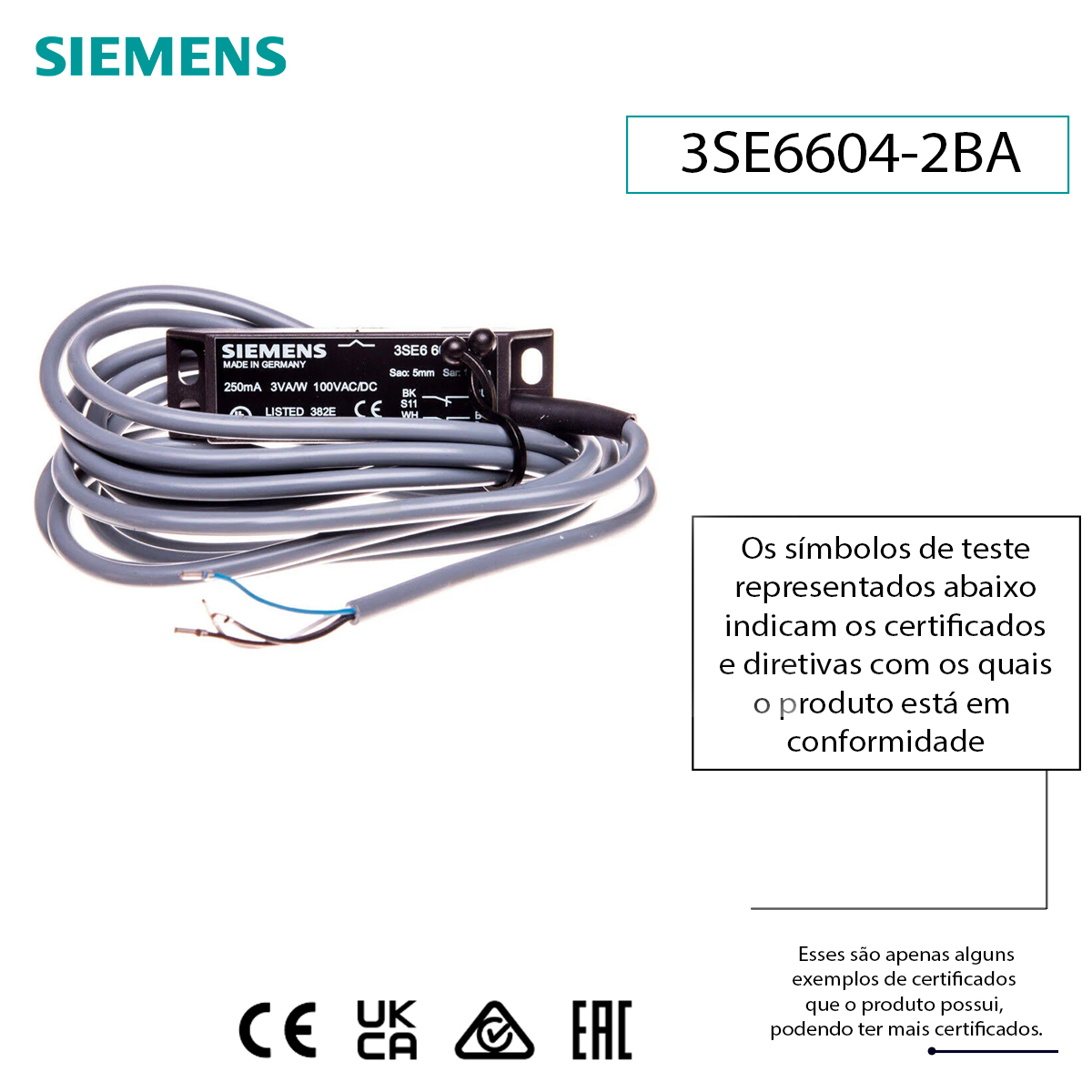 Chave Segurança Magnética Plástico 250Ma Ip67 Com Cabo 3M 3SE66042BA Siemens