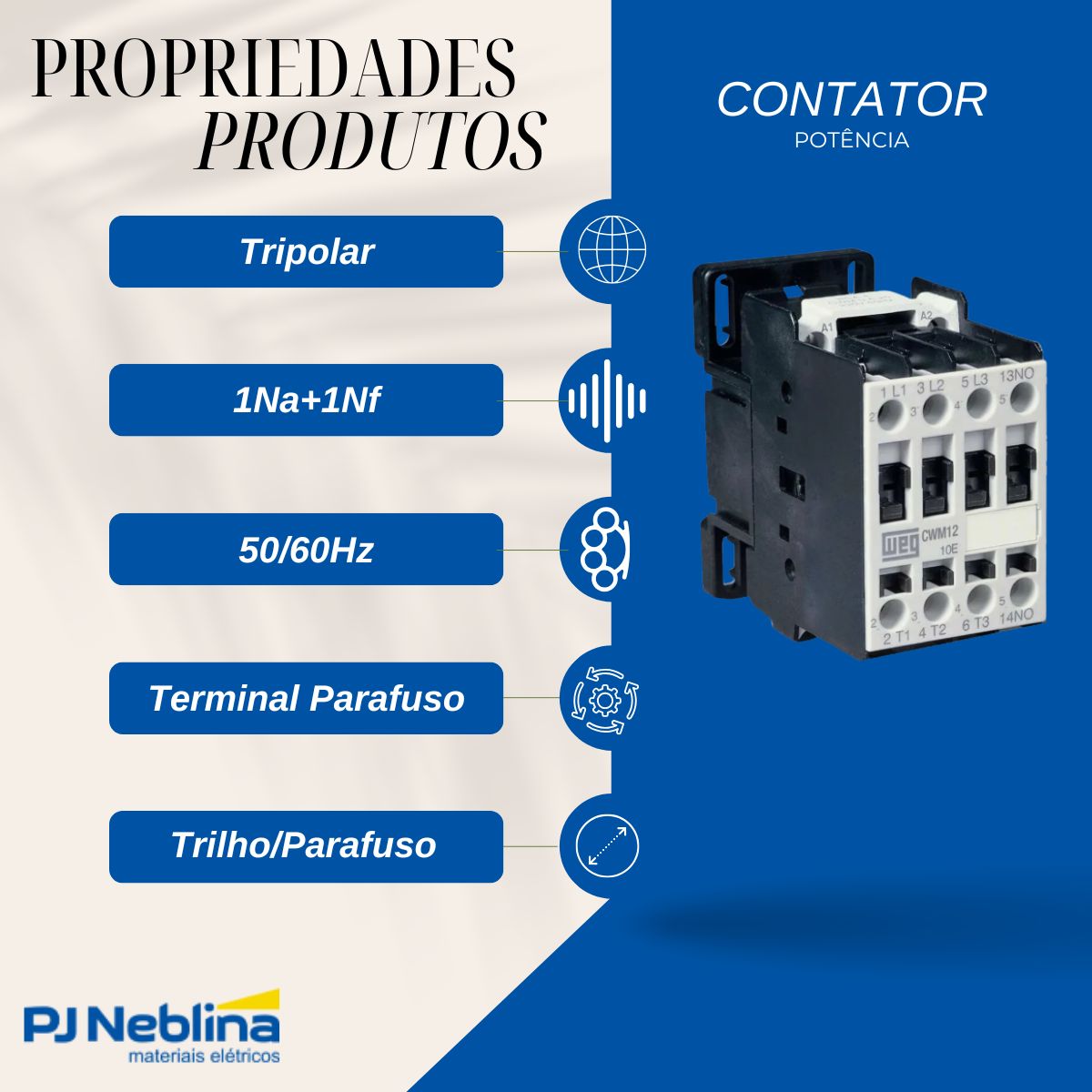 Contator Potencia Tripolar 12A 220V 1Na+1Nf 50/60Hz - Weg