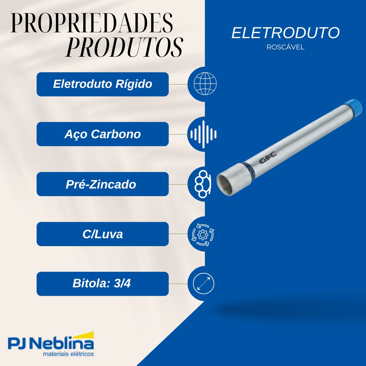 Eletroduto Aço Carbono Roscável Pesado 3/4 Pre-Zincado Nbr 13057 (Br C/3M) P=1,11Mm Tpaz C/Luva - Eletroduto/Est