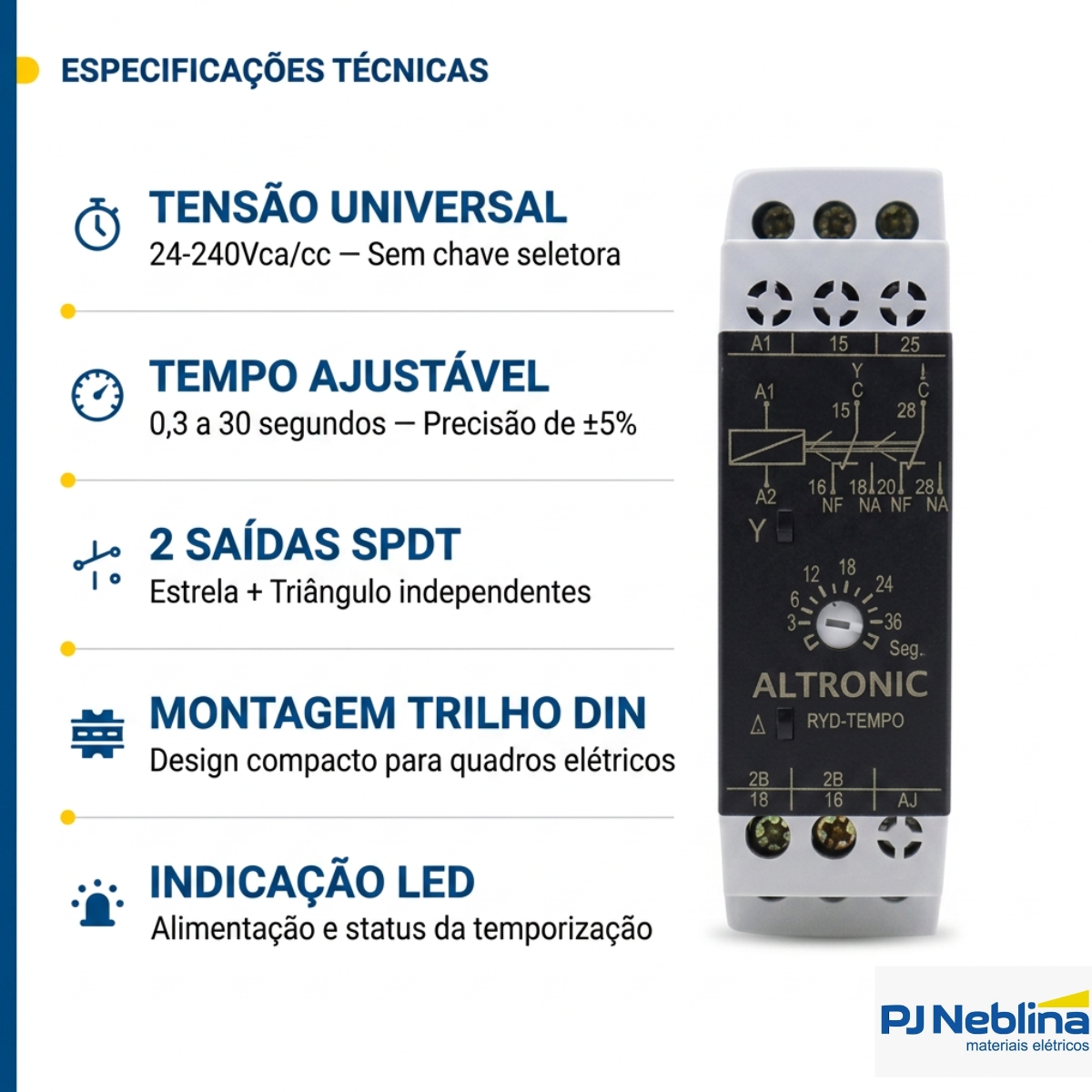 Rele Temporizador Eletrônico Estrela/Triangular 30Seg 1 Spdt (1Naf) 24-240Vca/Cc - Altronic