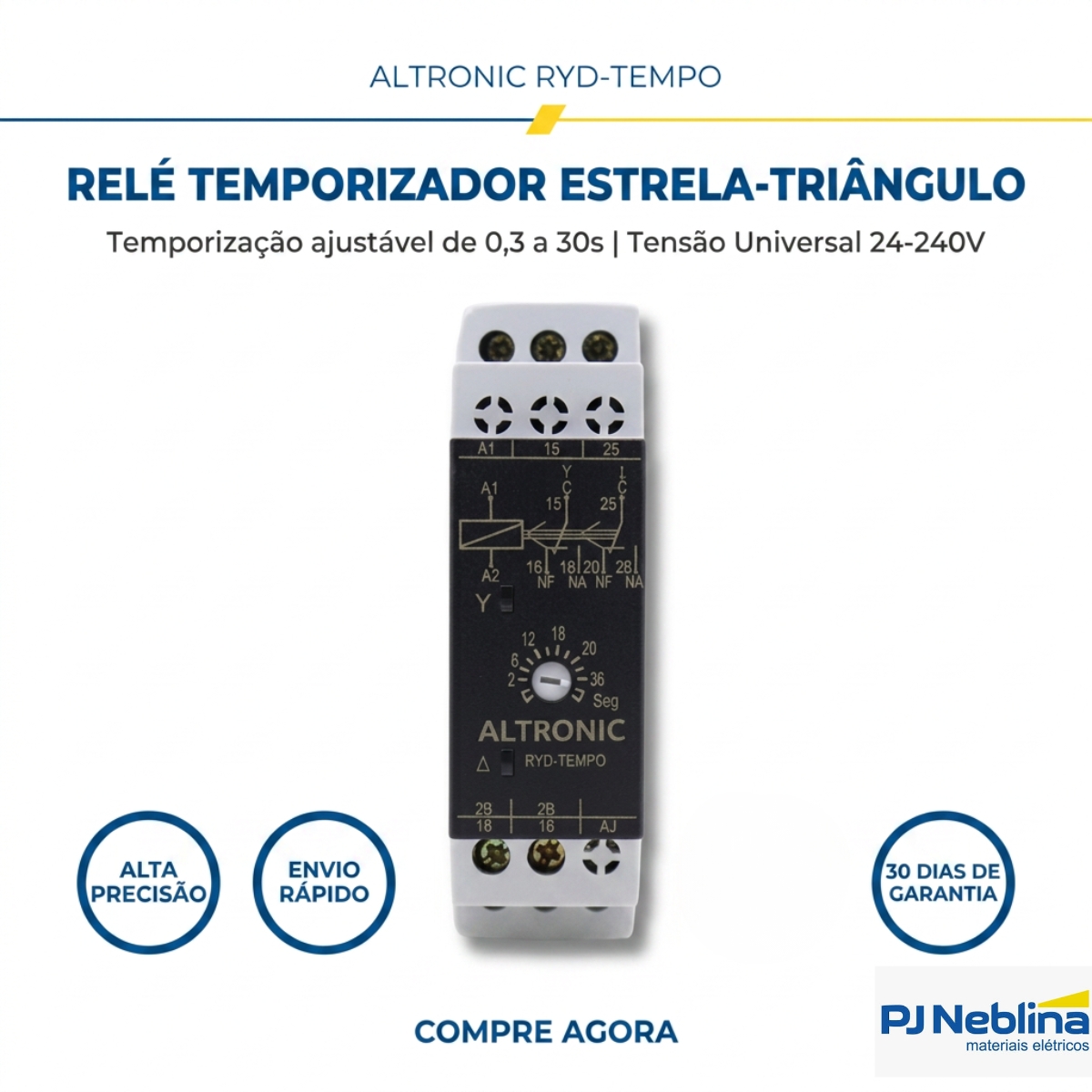Rele Temporizador Eletrônico Estrela/Triangular 30Seg 1 Spdt (1Naf) 24-240Vca/Cc - Altronic