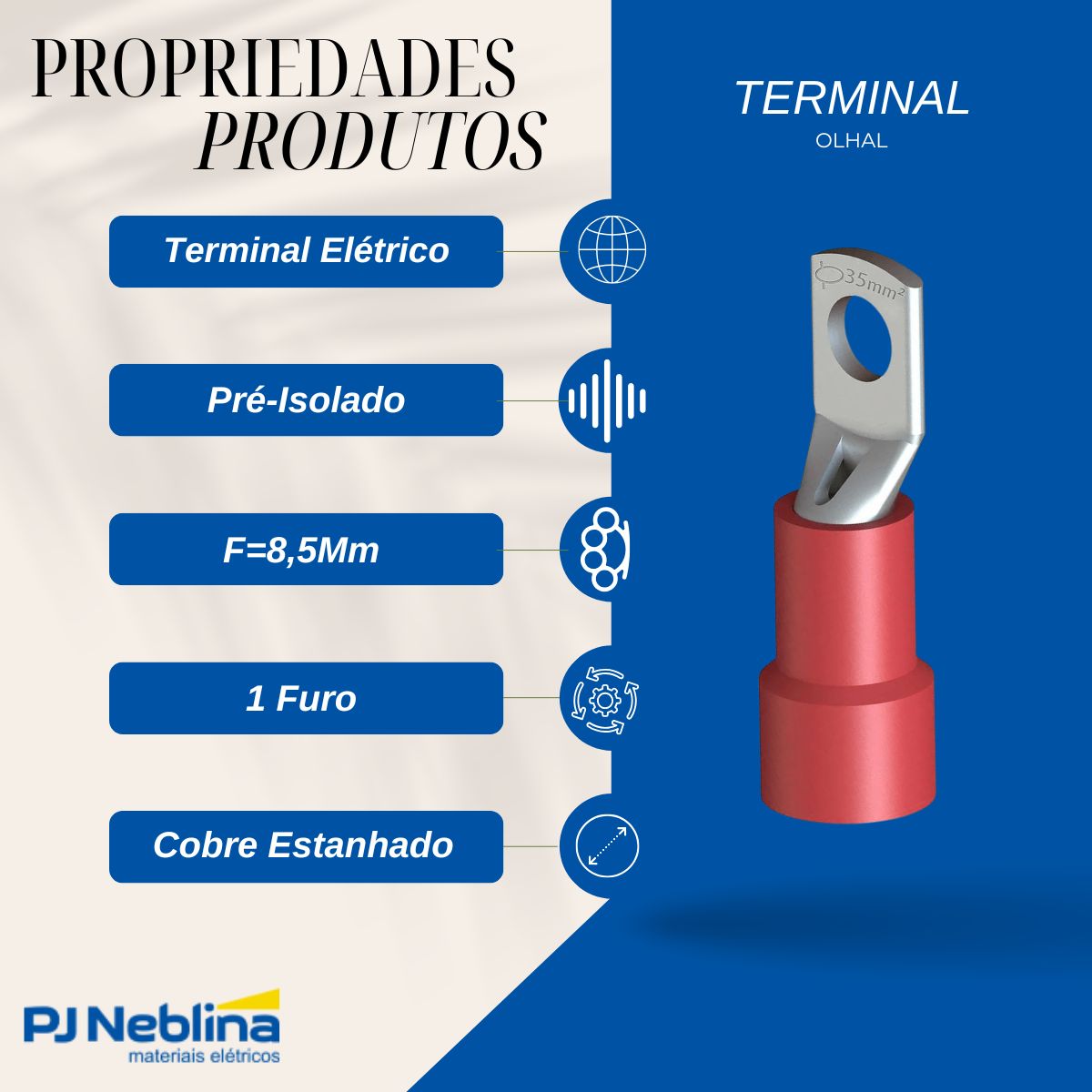 Terminal Olhal Tubular 35Mm Pré-Isolado Vm 1 Furo F=8,5Mm 5/16 (M8) - Magnet