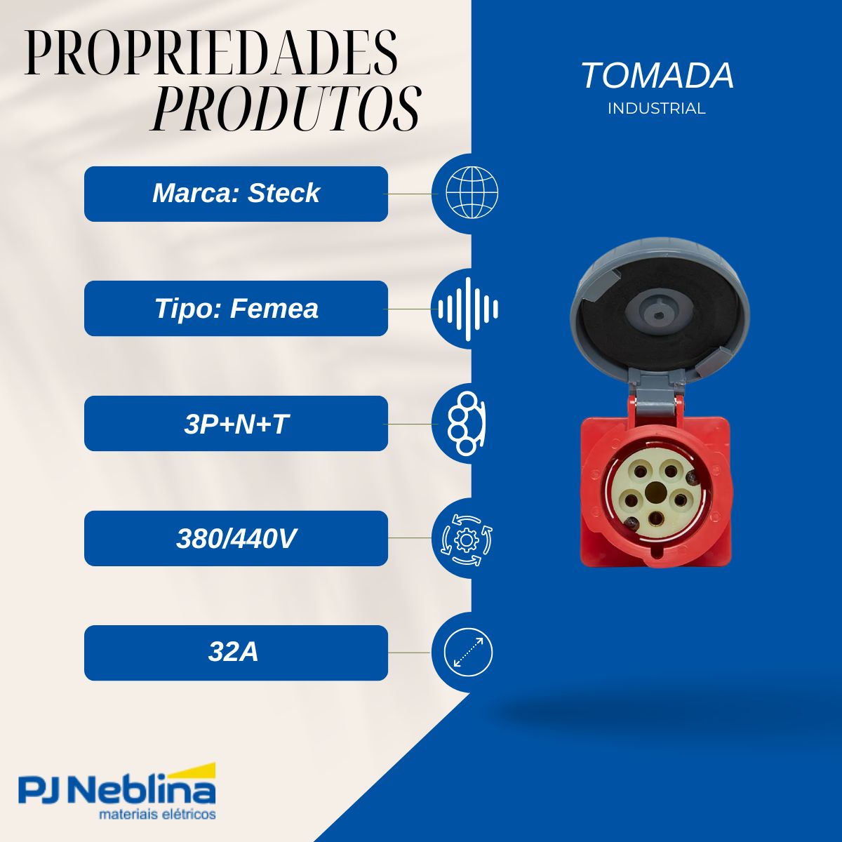 Tomada Industrial Femea Embutir 3P+N+T 32A 380/440V Vm 6H Ip67 - Steck