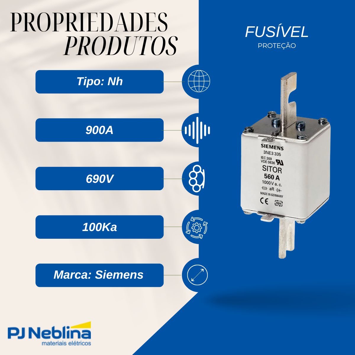 Fusível Nh Sitor Ultra Rápido Ar 900A 690V 100Ka T-2 Indicador Frontal - Siemens