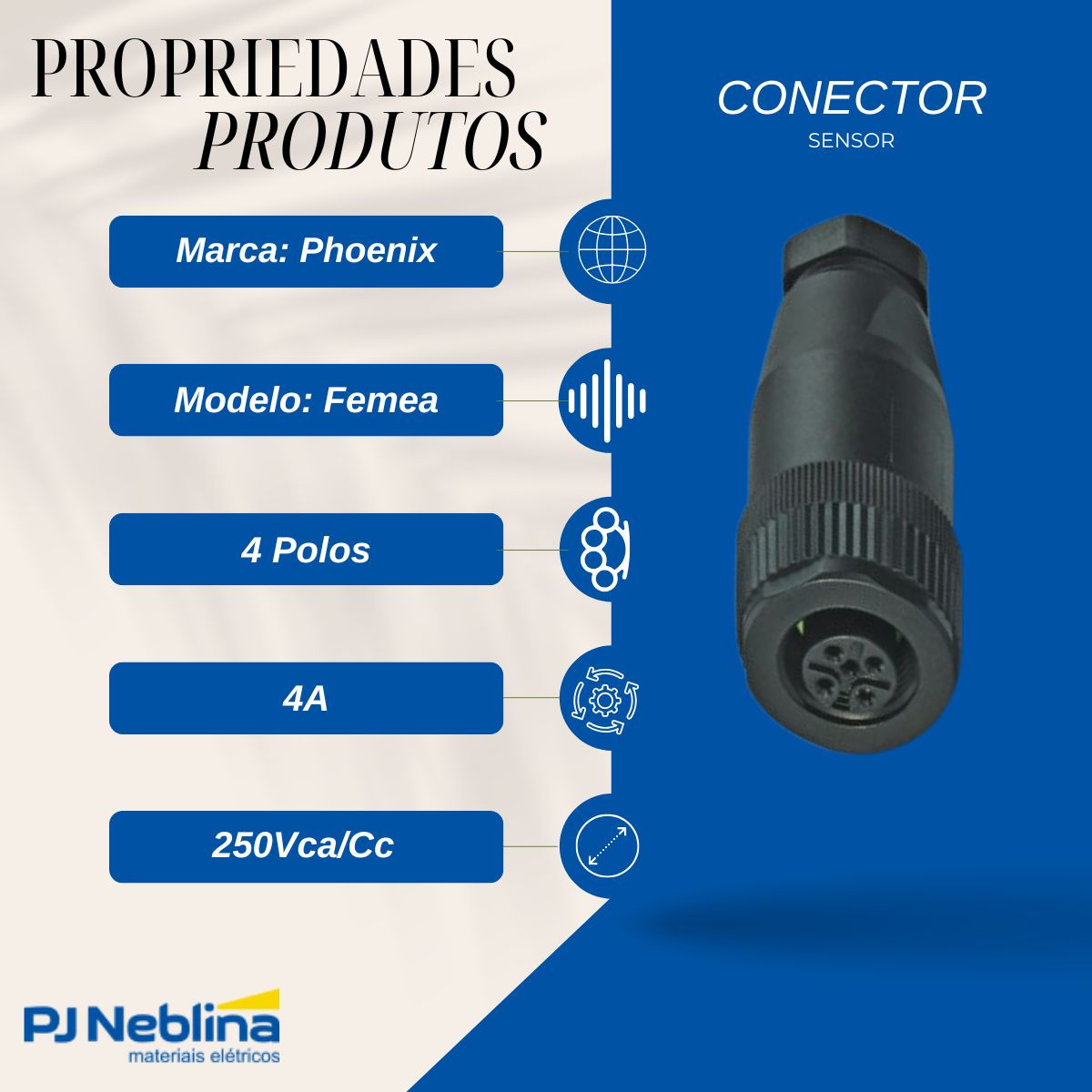 Conector Sensor Femea Reto 4 Polos 250Vca/Cc M12 5 Pinos Terminal Parafuso - Phoenix