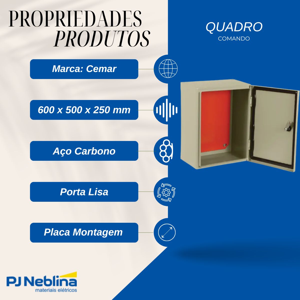 Quadro Comando Sobrepor Aço Carbono Bg (Ral 7032) 600X500X250Mm Fecho Fenda Porta Lisa Placa Montagem Lr (Ral 2004) - Cemar