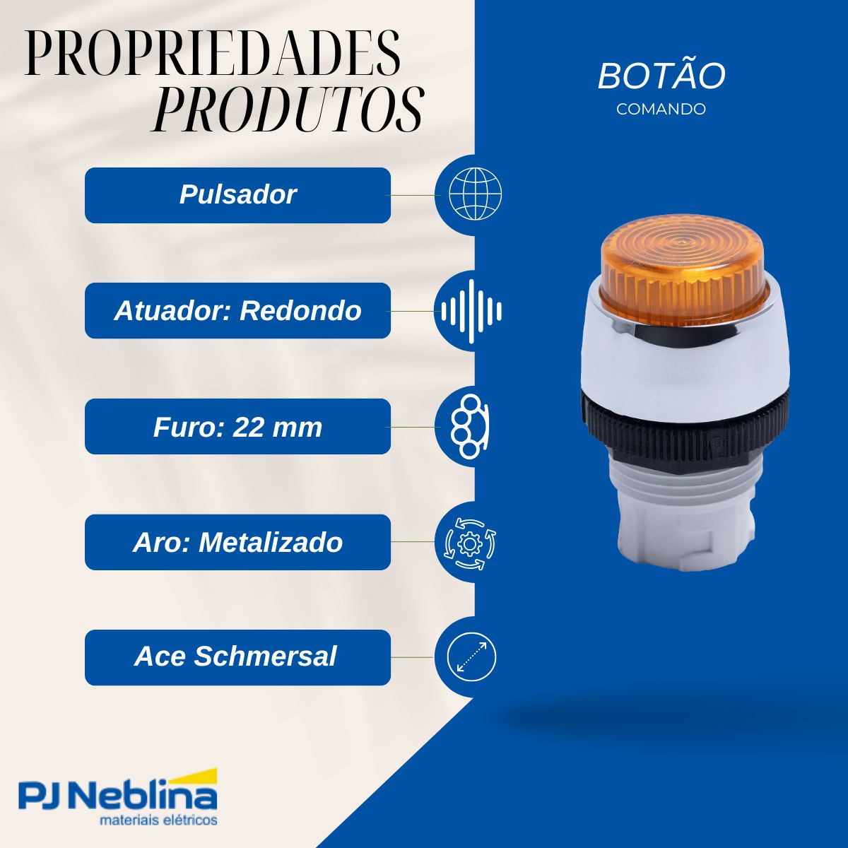 Botão Comando Pulsador Saliente Iluminado Redondo 22 mm Plástico Amarelo - Ace Schmersal