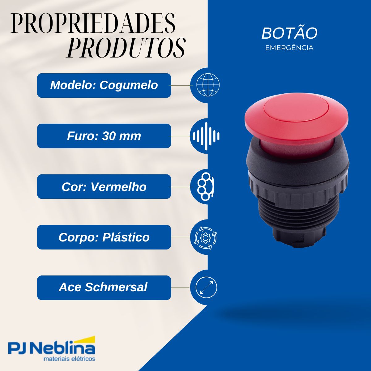 Botão Emergência Cogumelo 36 mm Pulsador 30 mm Plástico Vermelho - Ace Schmersal