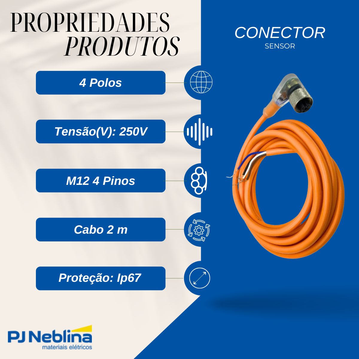Conector Sensor C/Cabo Femea Angular 4 Polos 250V M12 4 Pinos Cabo 2M C/Led - Metaltex