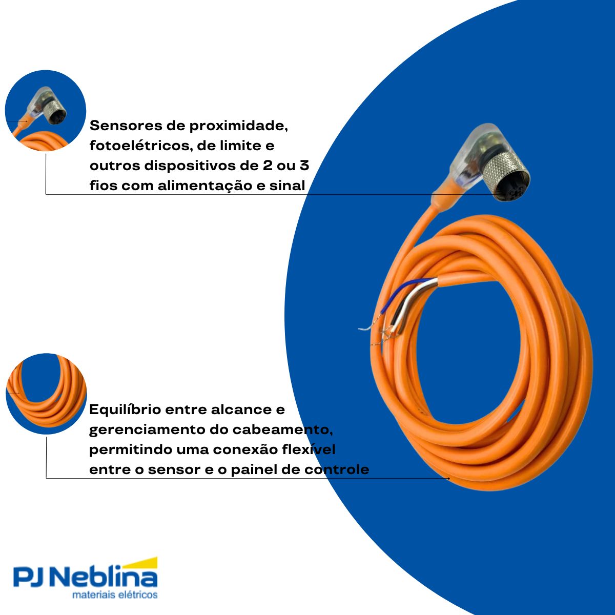 Conector Sensor C/Cabo Femea Angular 4 Polos 250V M12 4 Pinos Cabo 2M C/Led - Metaltex